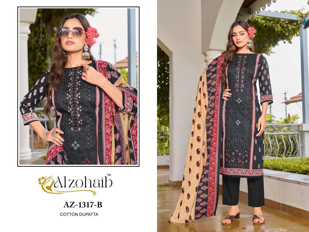 AL ZOHAIB DESIGN NO - 1316 AB-1317 AB PURE COTTON PRINT HEAVY SELF WORK PAKISTANI SUIT