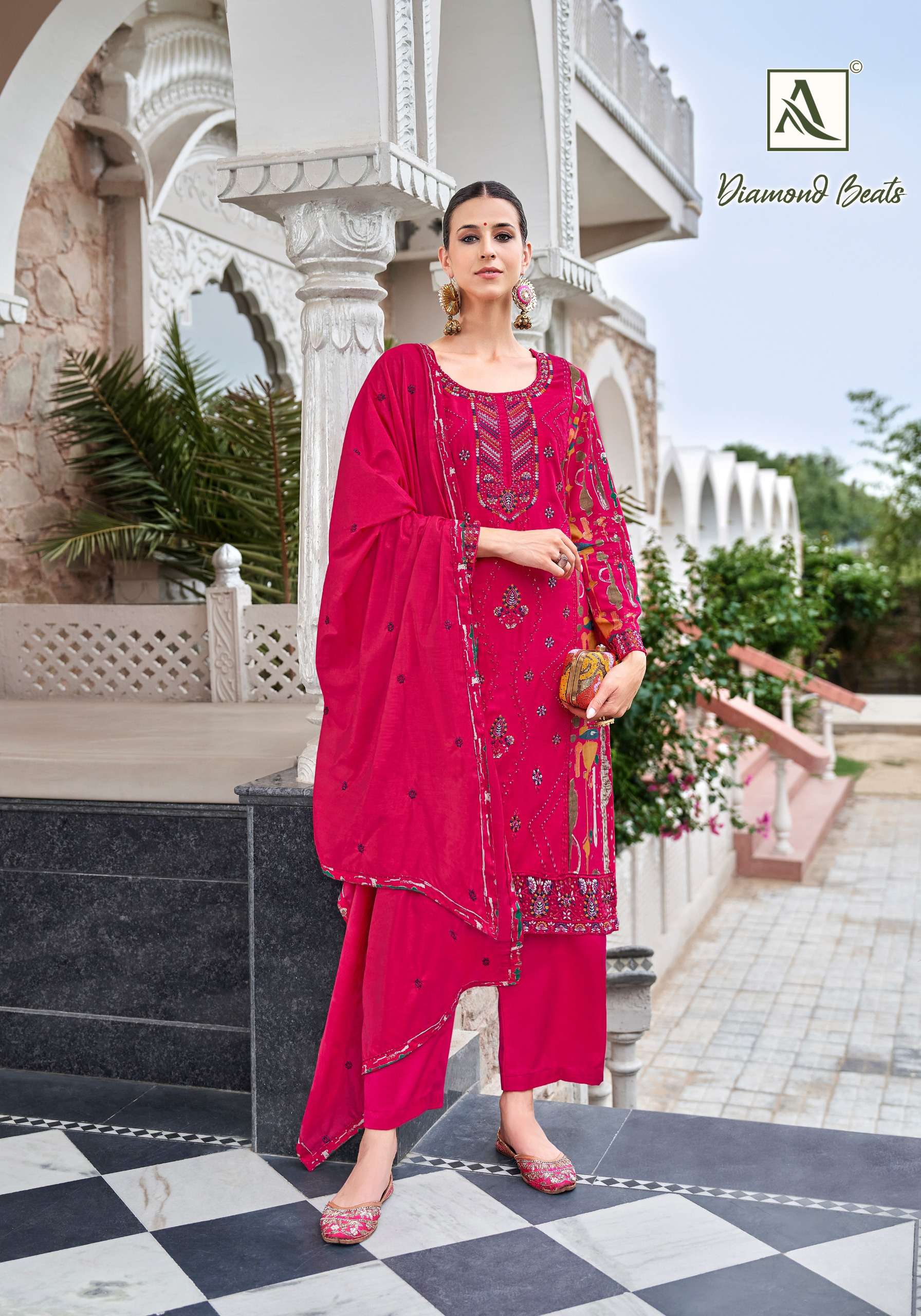 ALOK SUITS DIAMOND BEATS RAYON PRINT WITH FANCY EMBROIDERY WORK SUIT