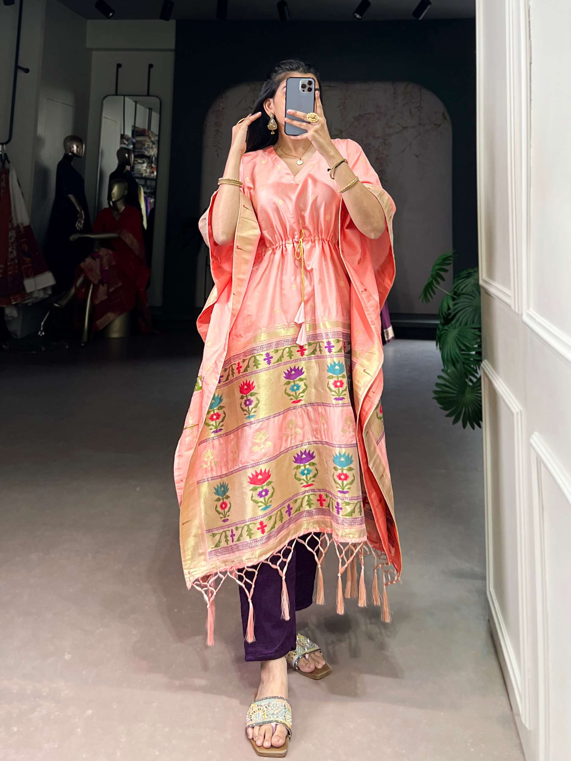 BANDHANI PALACE 3801 JACQUARD PAITHANI ZARI WEAVING WORK READYMADE KAFTAN