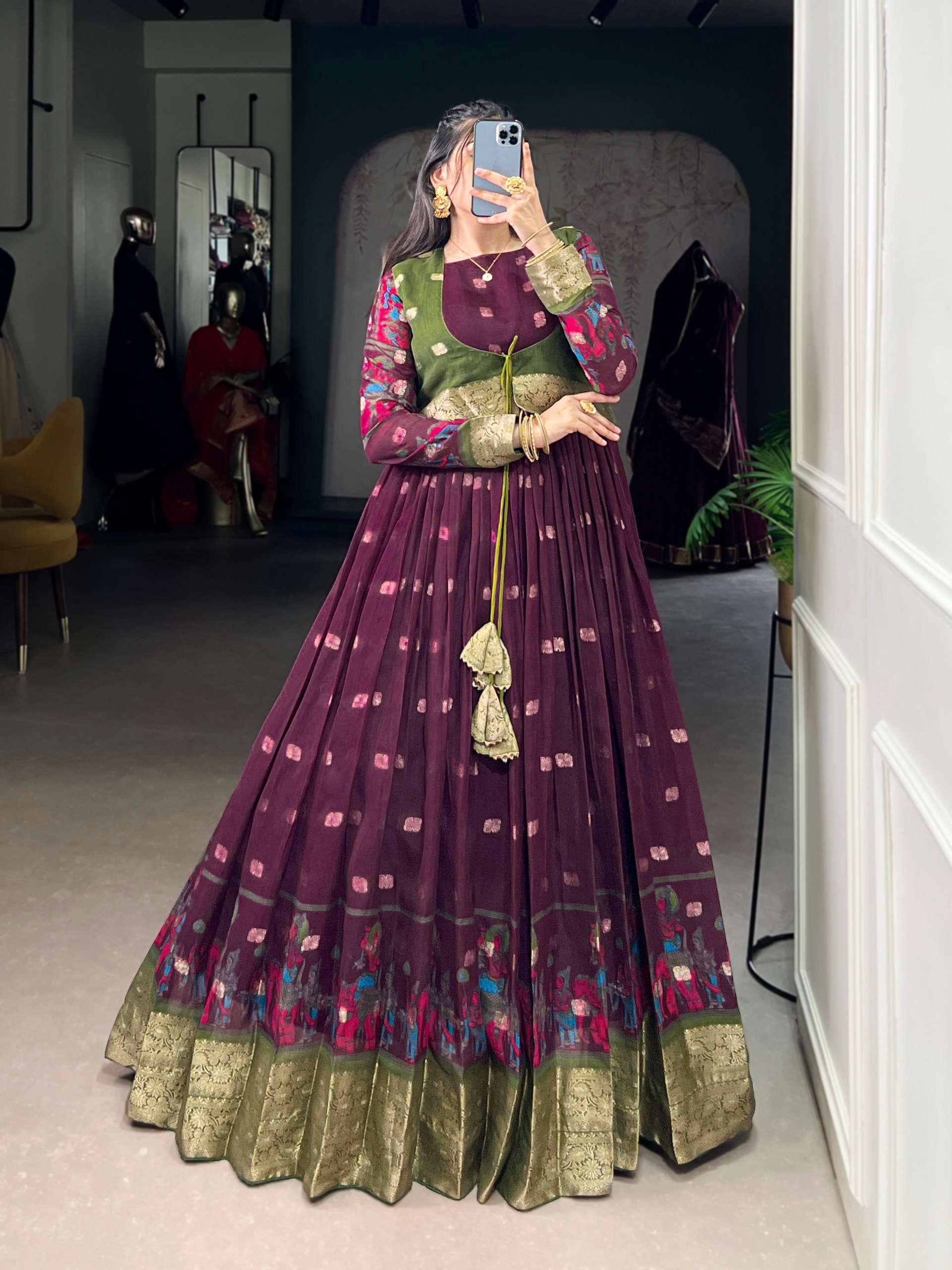 BANDHANI PALACE TANIRA 5031 POLY COTTON KALAMKARI PRINT ZARI WEAVING BORDER GOWN
