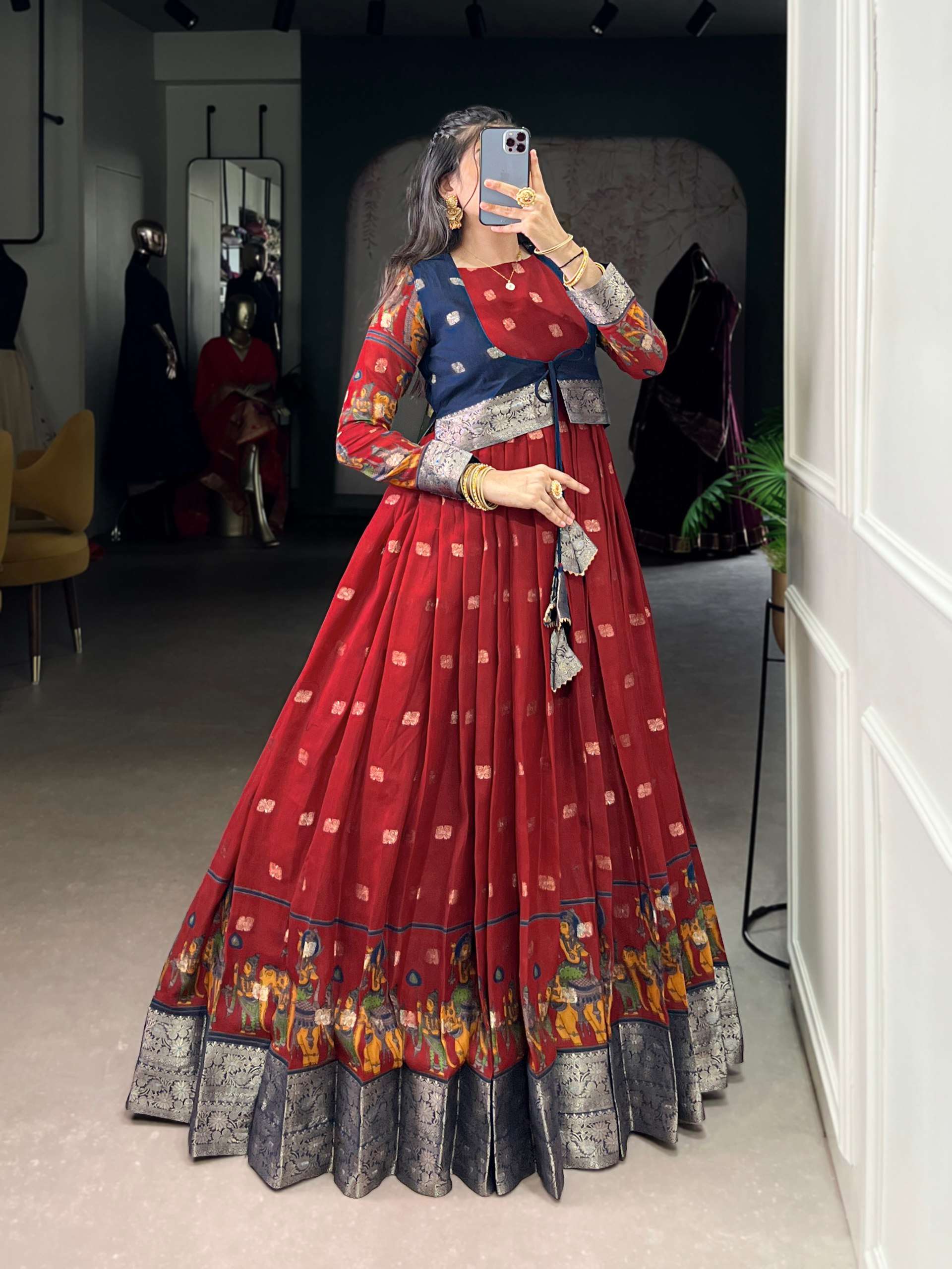 BANDHANI PALACE TANIRA 5031 POLY COTTON KALAMKARI PRINT ZARI WEAVING BORDER GOWN
