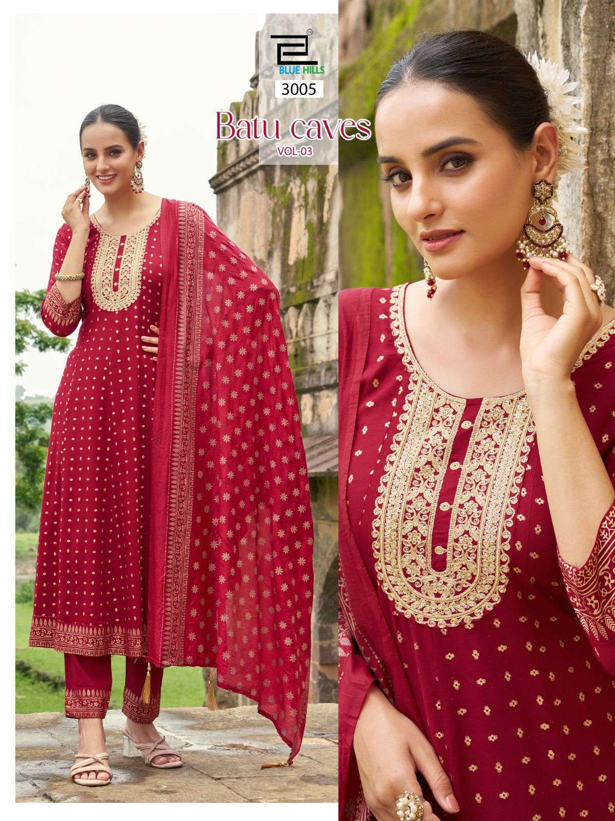 BLUE HILLS BATU CAVES VOL 3 RAYON FANCY EMBROIDERIES WORK KURTI COMBO SET 