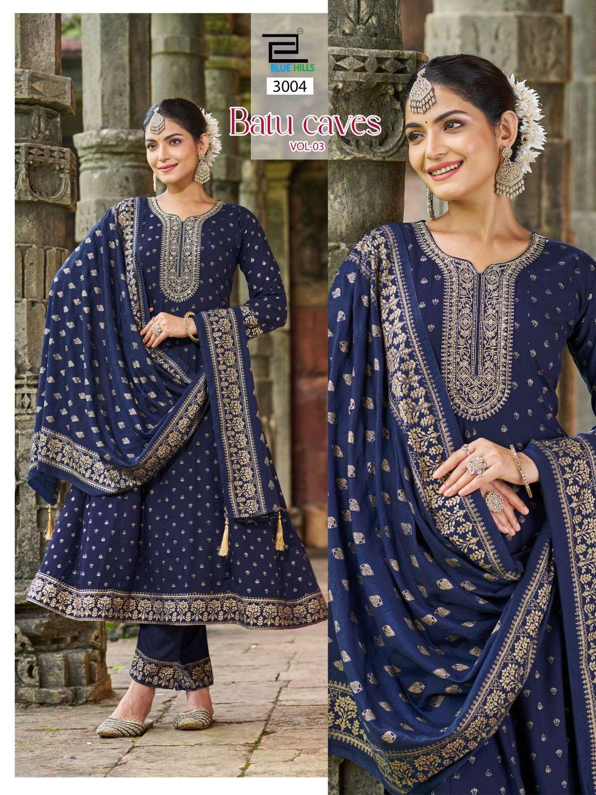 BLUE HILLS BATU CAVES VOL 3 RAYON FANCY EMBROIDERIES WORK KURTI COMBO SET 