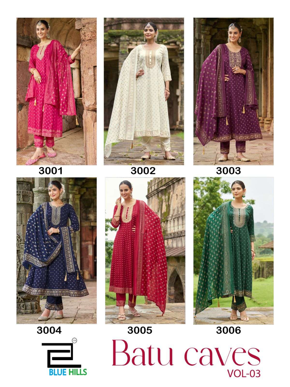BLUE HILLS BATU CAVES VOL 3 RAYON FANCY EMBROIDERIES WORK KURTI COMBO SET 