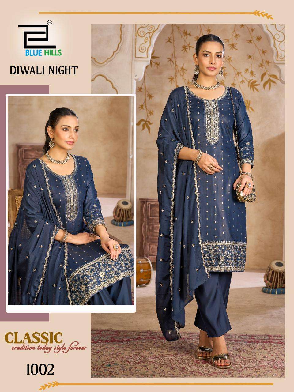 BLUE HILLS DIWALI NIGHT SILK FANCY EMBROIDERY WORK KURTI COMBO SET 