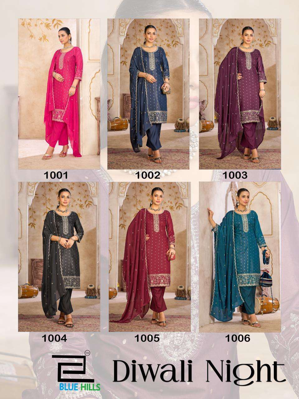 BLUE HILLS DIWALI NIGHT SILK FANCY EMBROIDERY WORK KURTI COMBO SET 