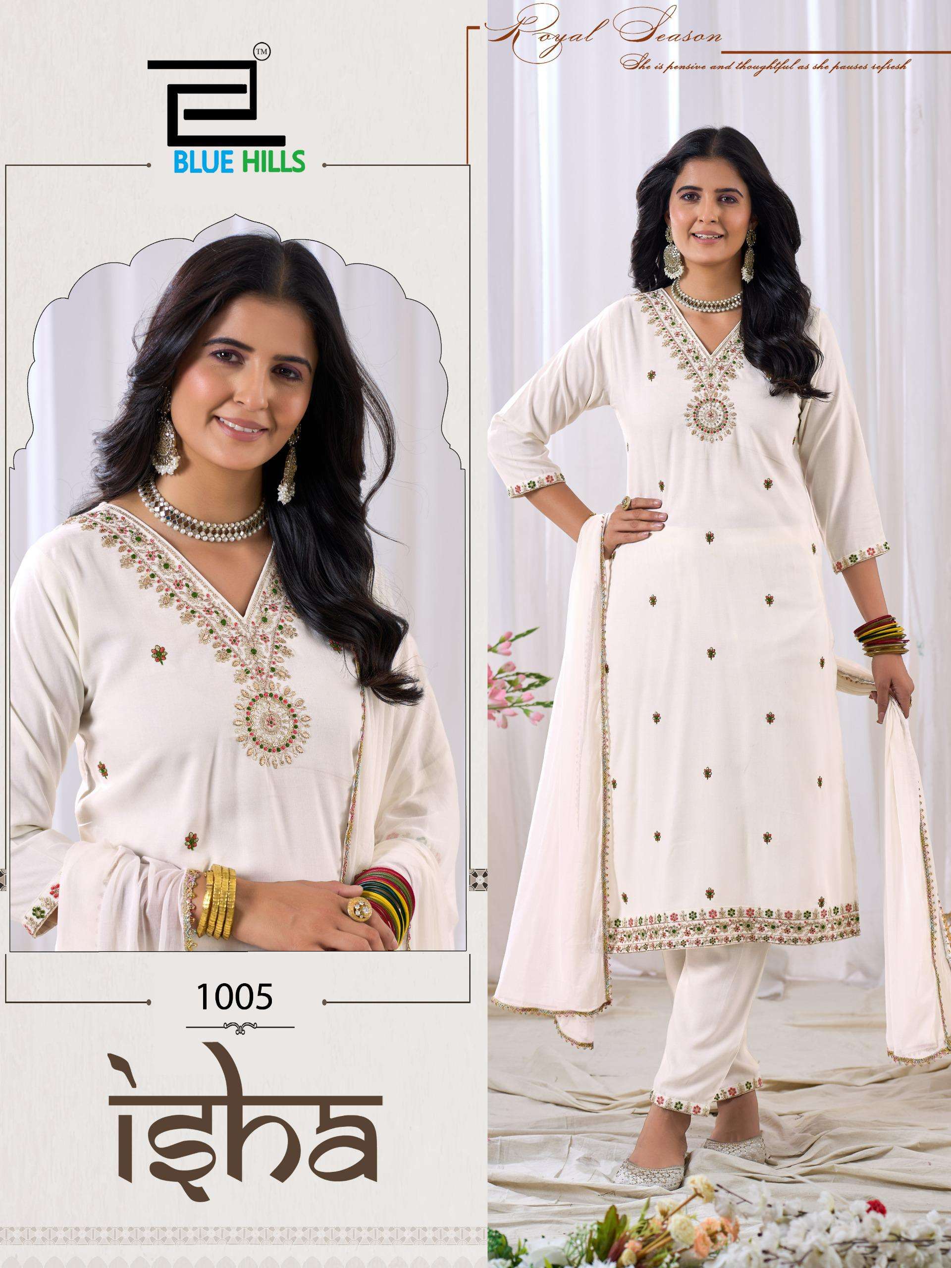  BLUE HILLS ISHA RAYON FANCY WORKS LADIES KURTI BOTTOM AND DUPATTA SET 