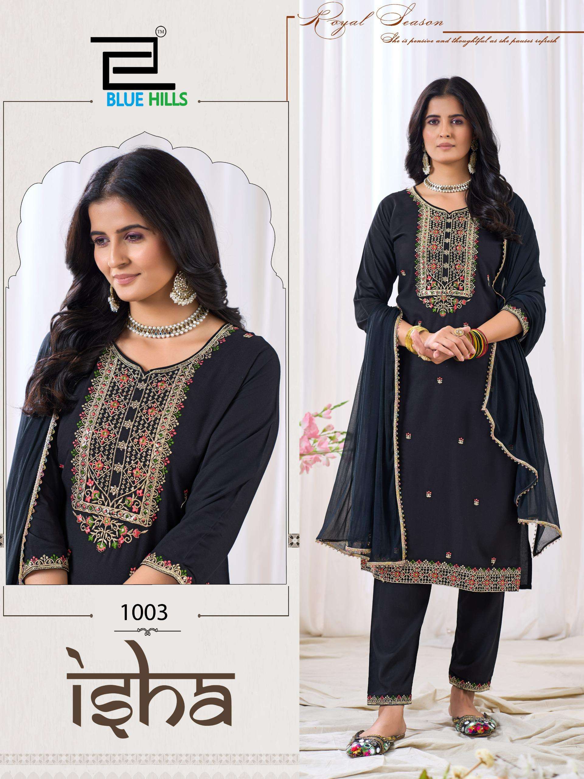  BLUE HILLS ISHA RAYON FANCY WORKS LADIES KURTI BOTTOM AND DUPATTA SET 