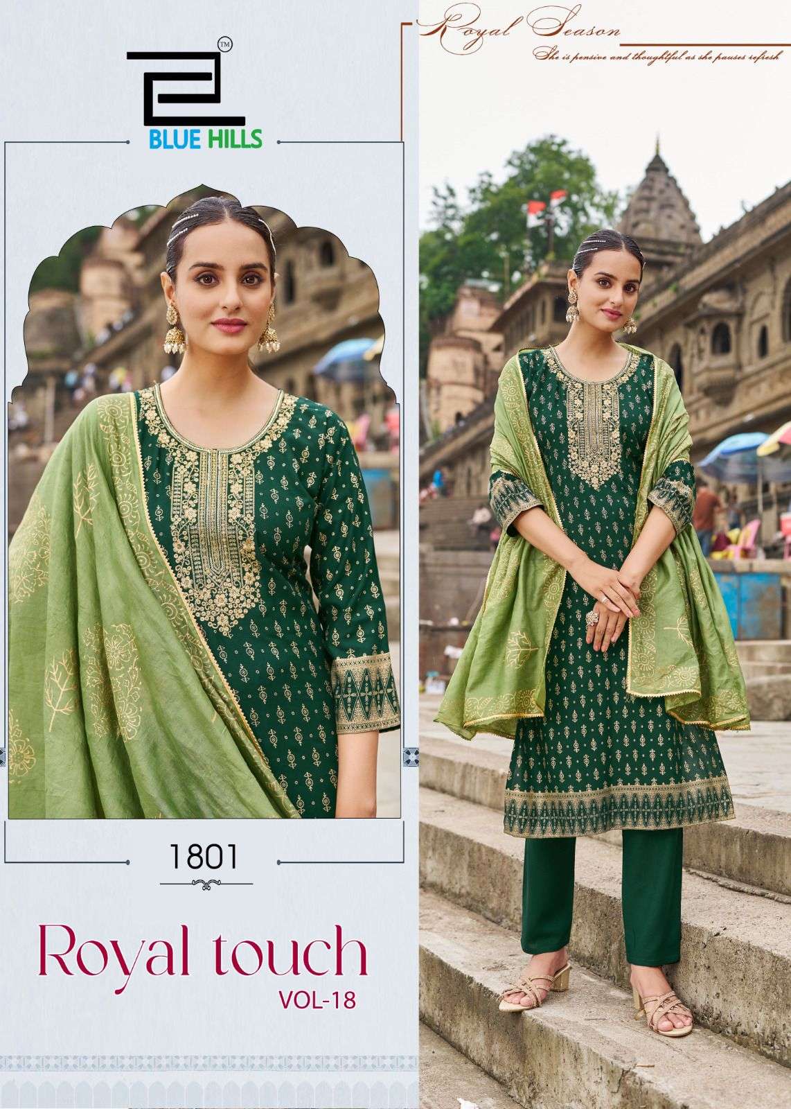 BLUE HILLS ROYAL TOUCH VOL 18 RAYON FOIL PRINT WITH WORKS LADIES KURTI COMBO SET 