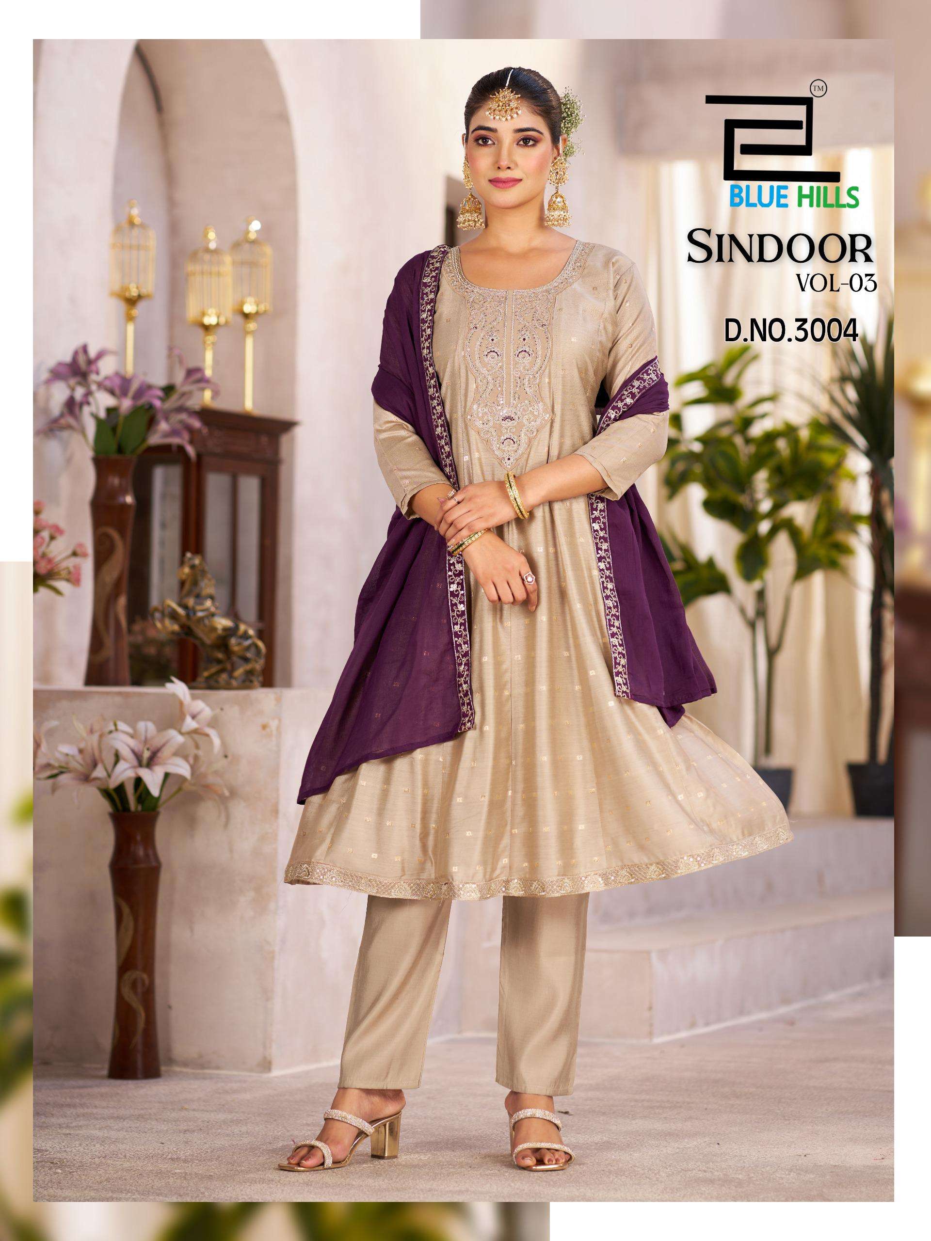 BLUE HILLS SINDOOR VOL 3 CHANDERI SILK ANARKALI STYLE KURTI BOTTOM WITH DUPATTA SET 