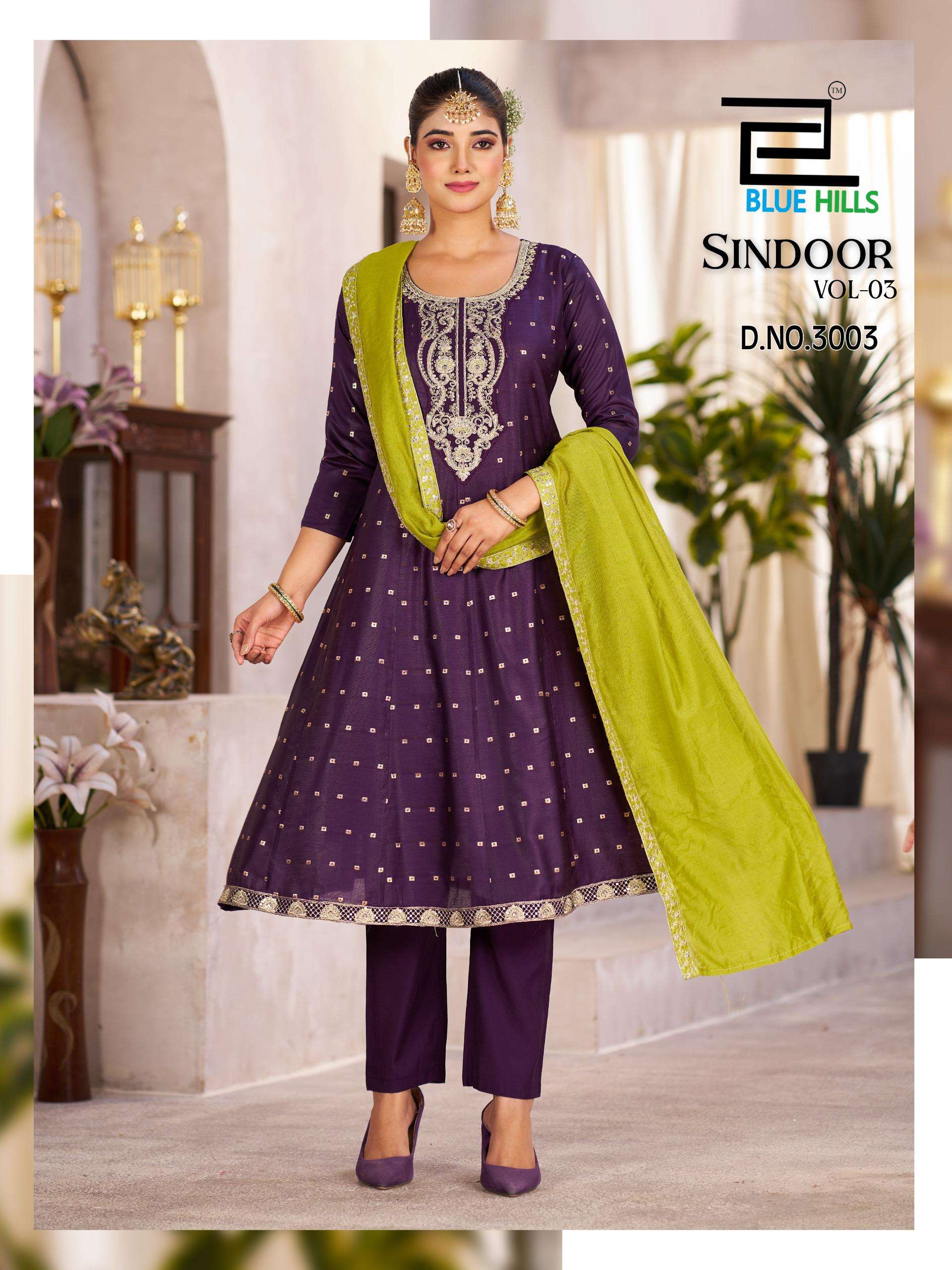 BLUE HILLS SINDOOR VOL 3 CHANDERI SILK ANARKALI STYLE KURTI BOTTOM WITH DUPATTA SET 