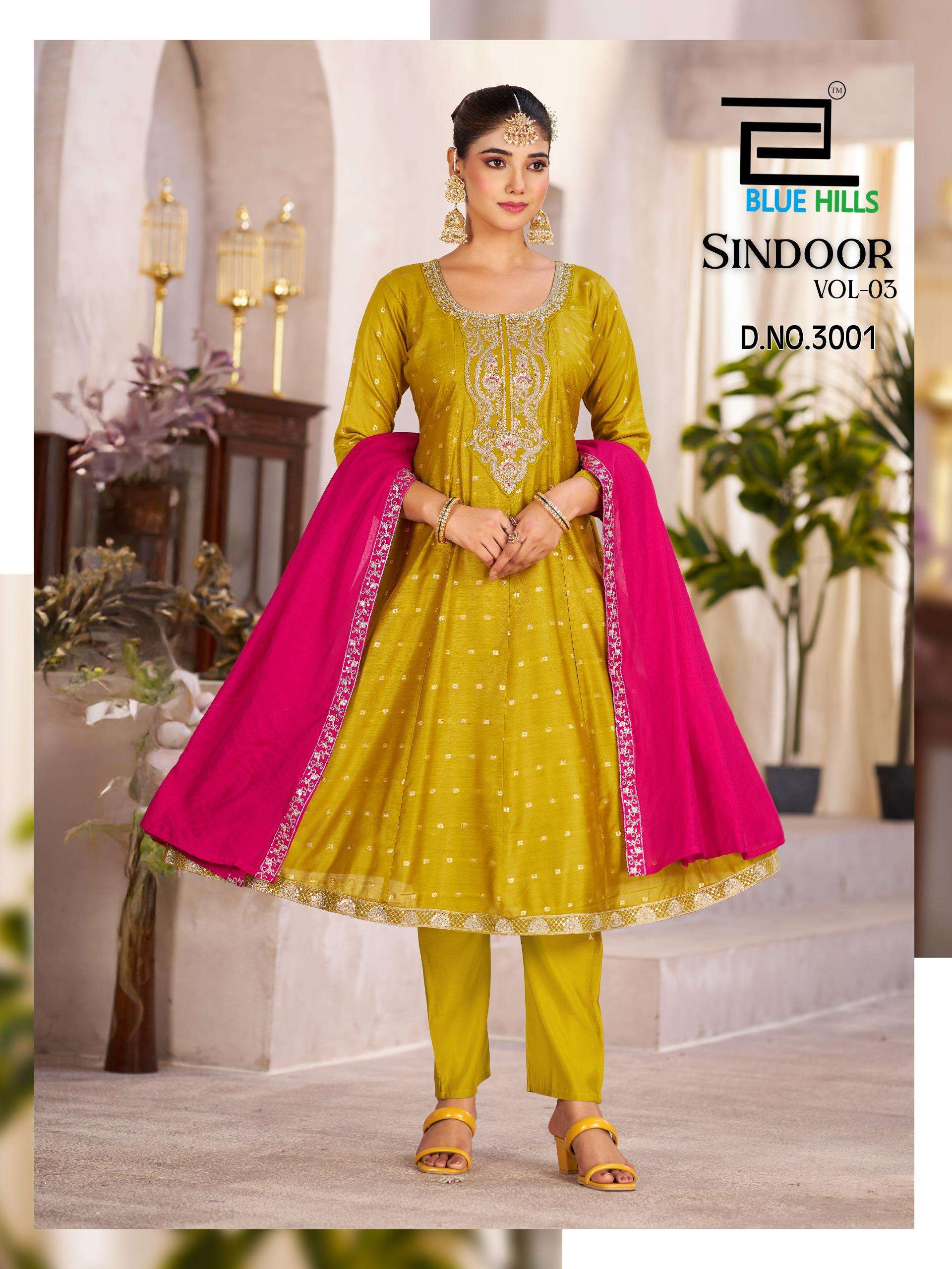 BLUE HILLS SINDOOR VOL 3 CHANDERI SILK ANARKALI STYLE KURTI BOTTOM WITH DUPATTA SET 