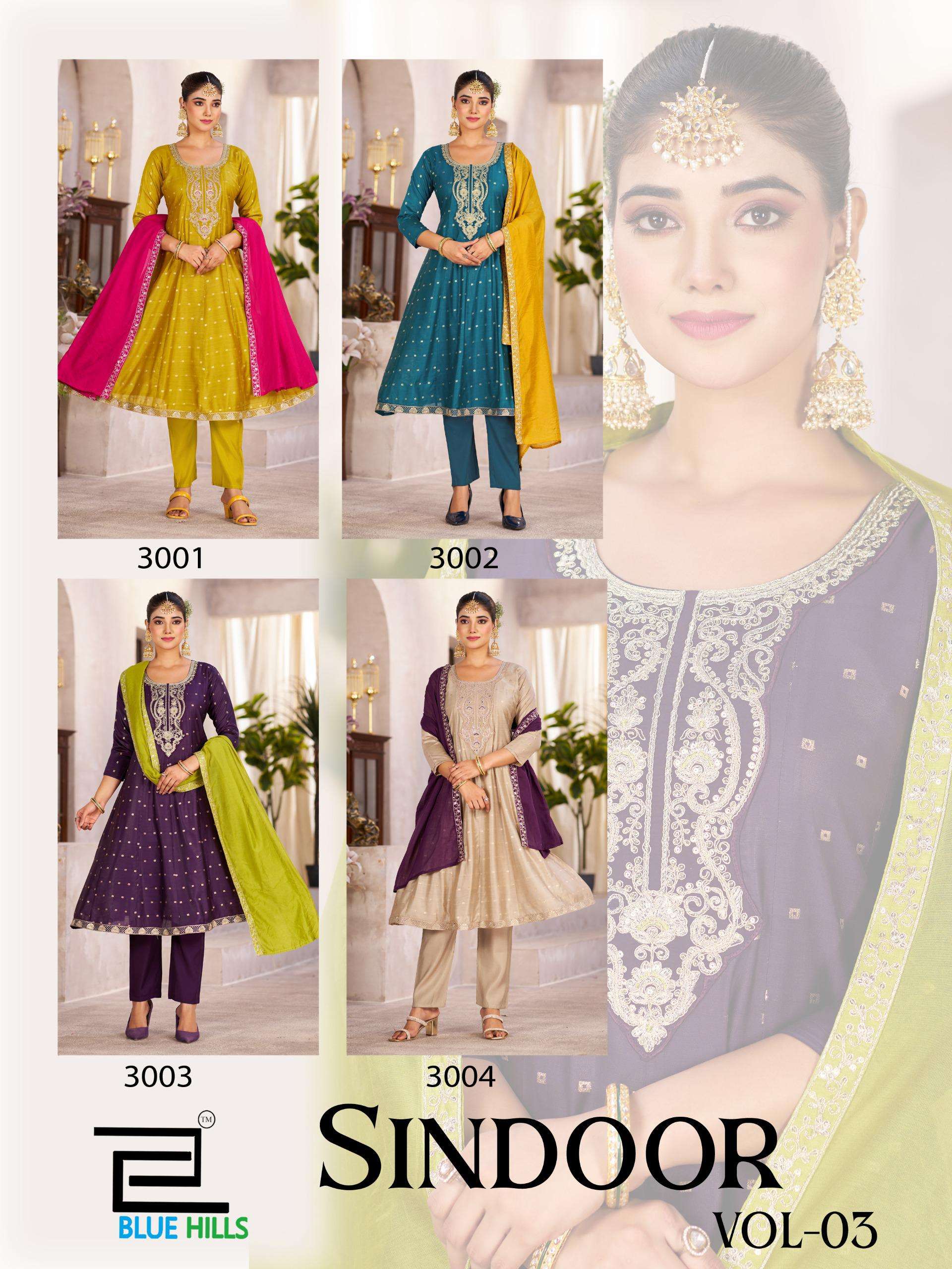 BLUE HILLS SINDOOR VOL 3 CHANDERI SILK ANARKALI STYLE KURTI BOTTOM WITH DUPATTA SET 
