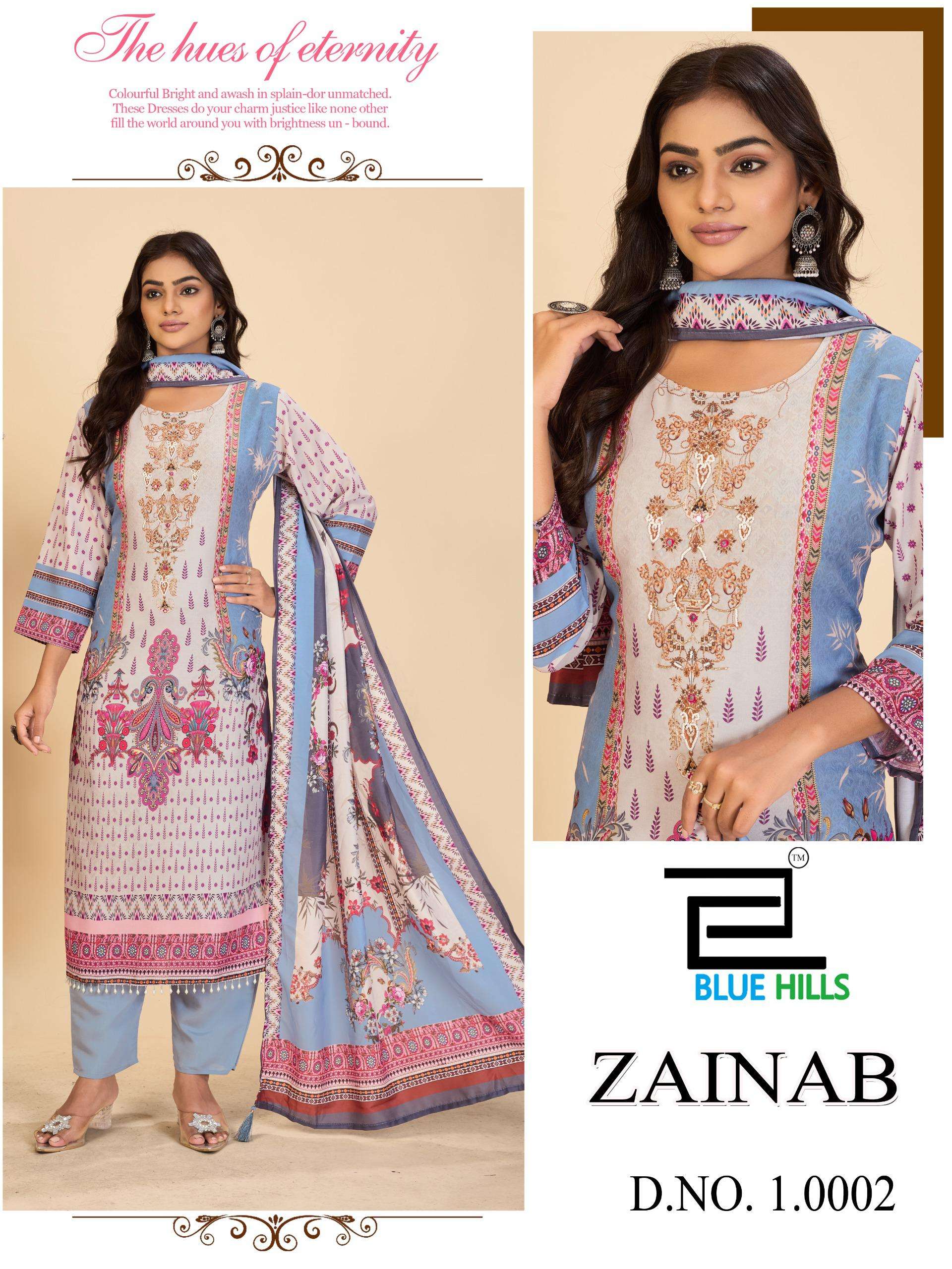 BLUE HILLS ZAINAB VOL 10 MUSLIN DIGITAL PRINT WITH FANCY WORK KURTI COMBO SET 