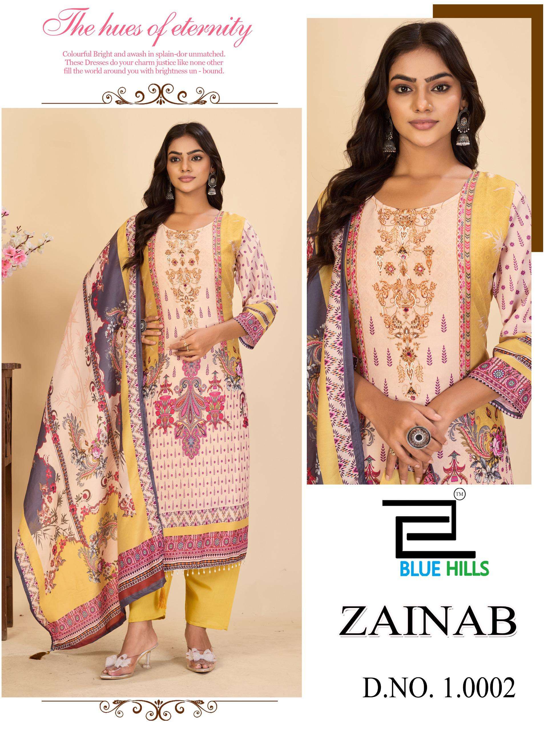 BLUE HILLS ZAINAB VOL 10 MUSLIN DIGITAL PRINT WITH FANCY WORK KURTI COMBO SET 