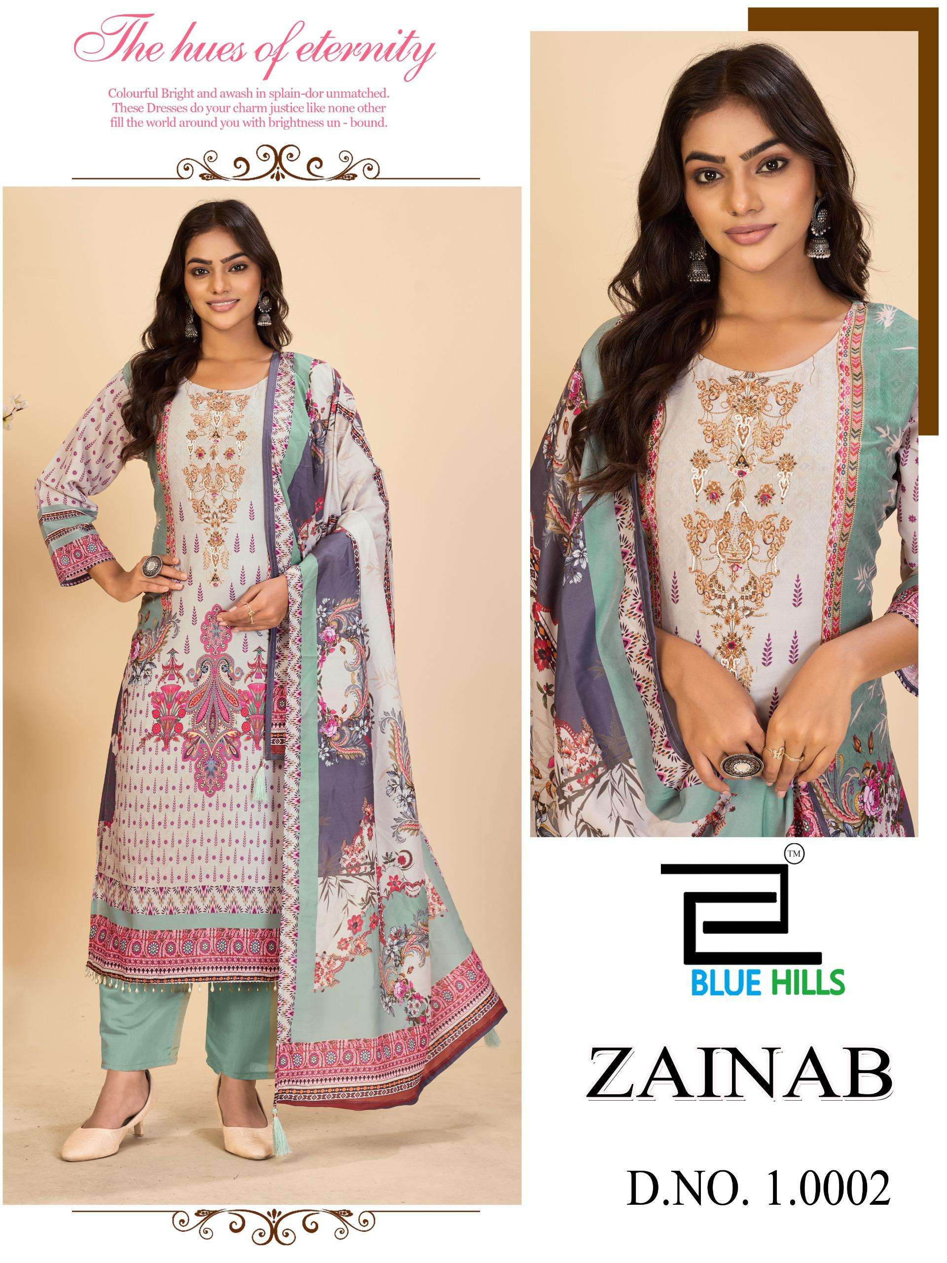 BLUE HILLS ZAINAB VOL 10 MUSLIN DIGITAL PRINT WITH FANCY WORK KURTI COMBO SET 