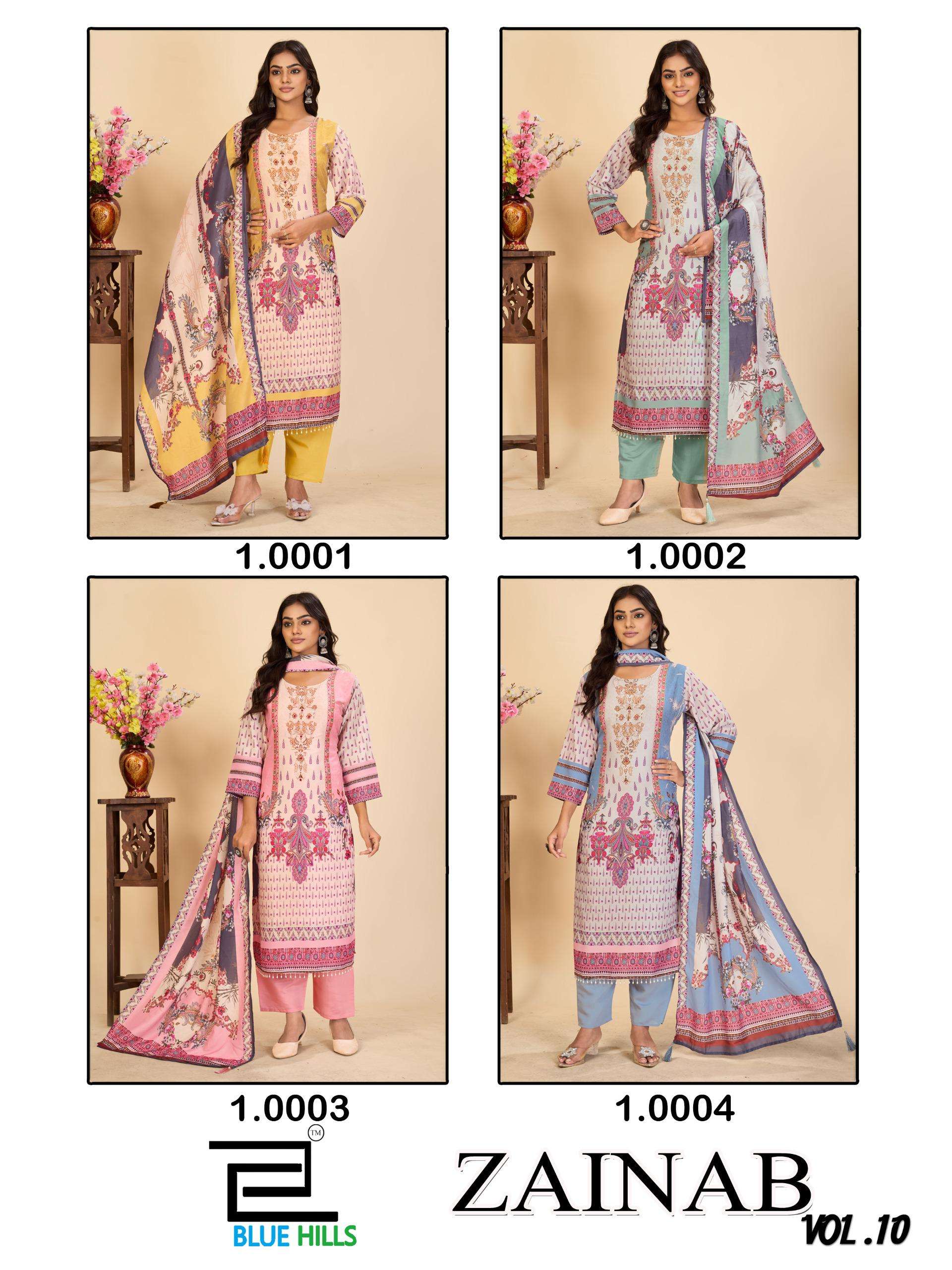 BLUE HILLS ZAINAB VOL 10 MUSLIN DIGITAL PRINT WITH FANCY WORK KURTI COMBO SET 