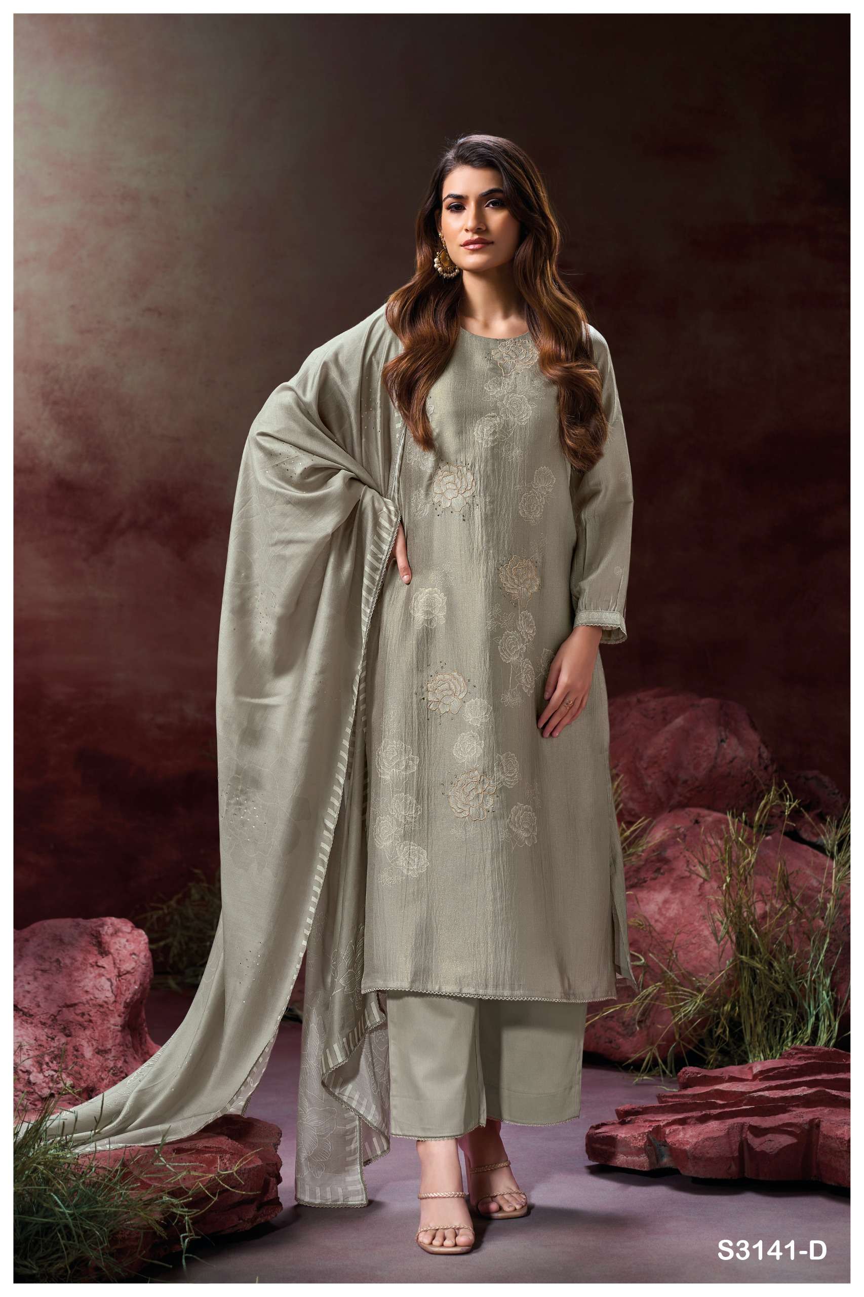 GANGA ELLAHI 3141 SILK PRINTED WITH EMBROIDERY DESIGNER WORK SUIT