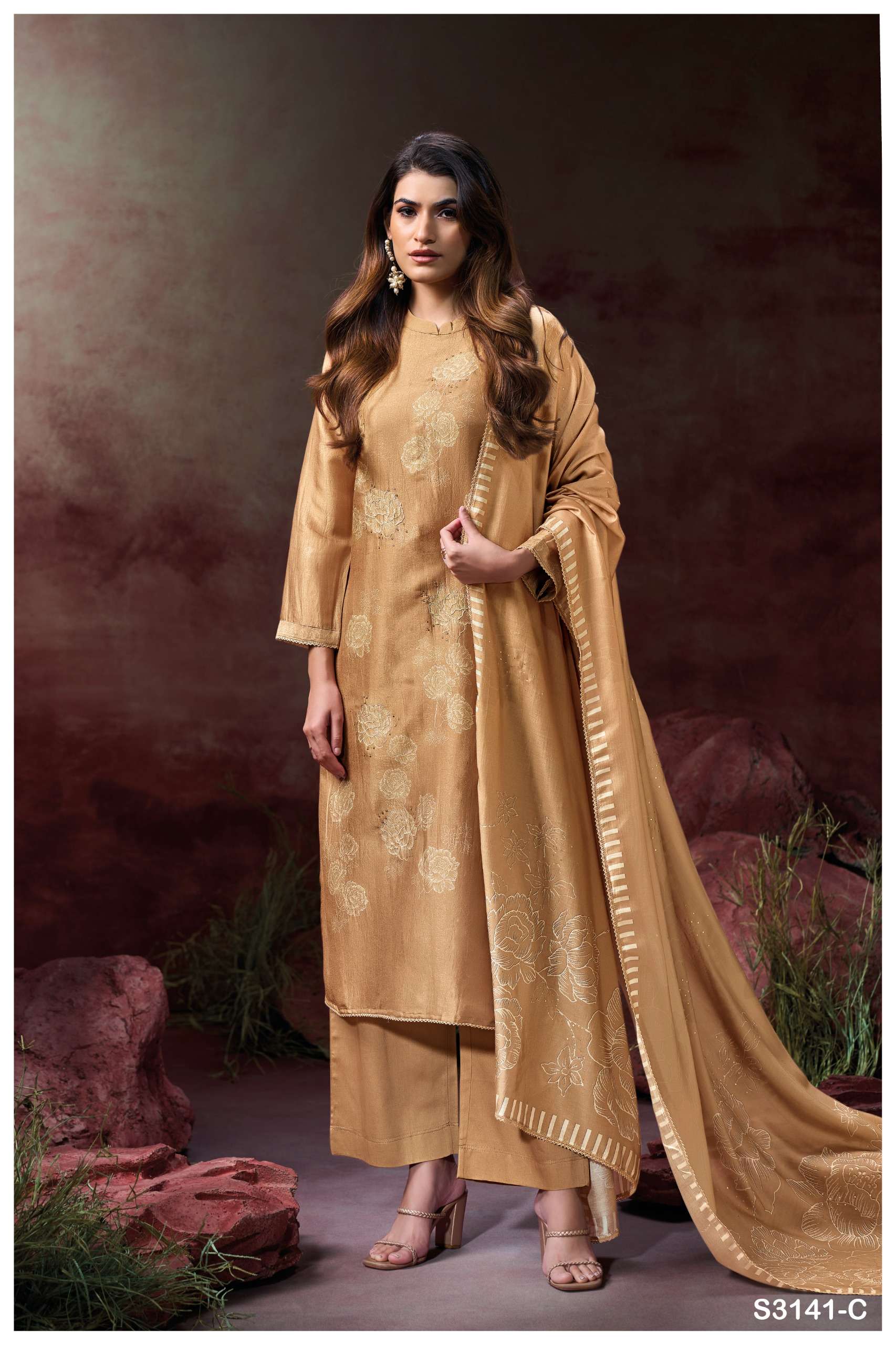 GANGA ELLAHI 3141 SILK PRINTED WITH EMBROIDERY DESIGNER WORK SUIT
