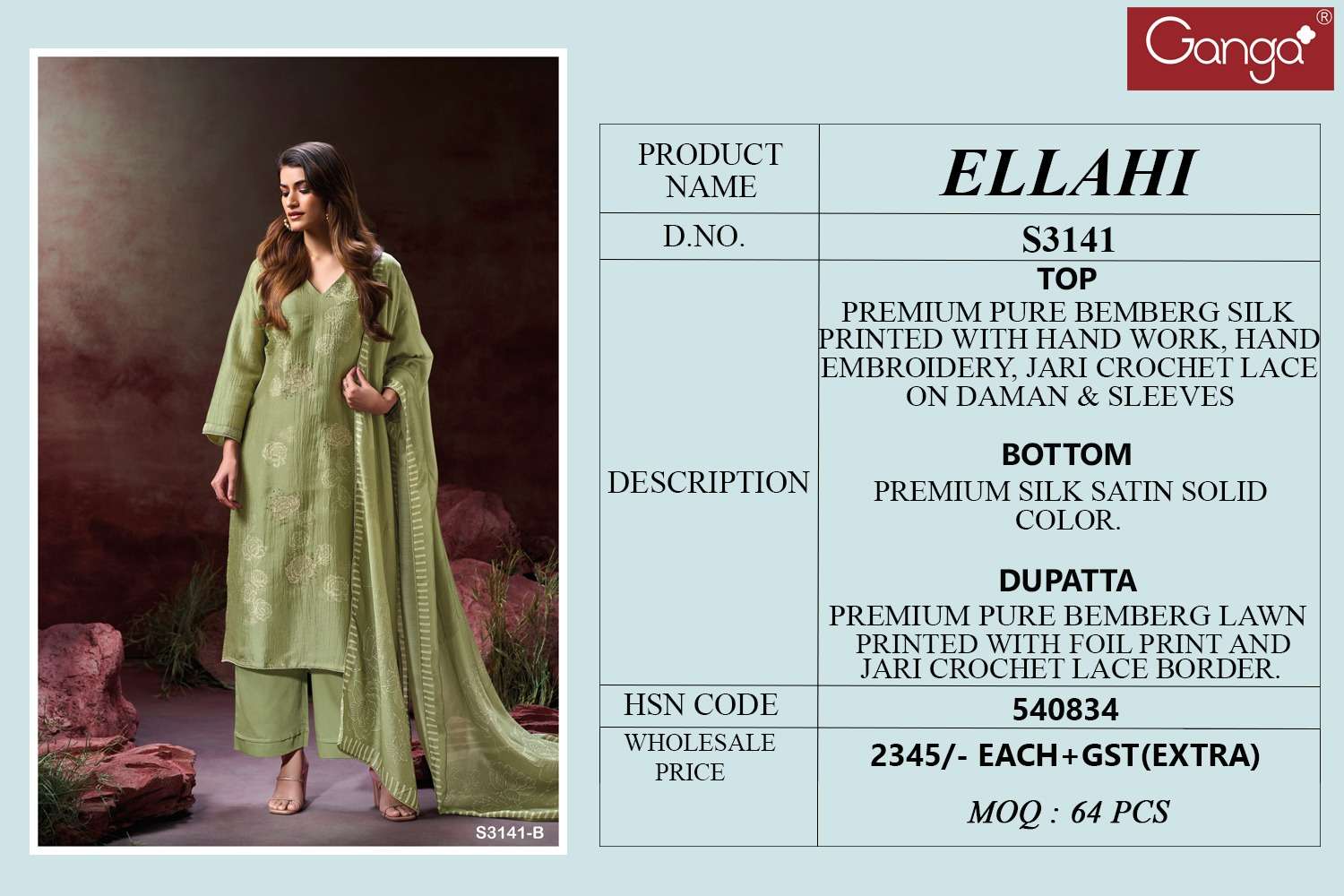 GANGA ELLAHI 3141 SILK PRINTED WITH EMBROIDERY DESIGNER WORK SUIT