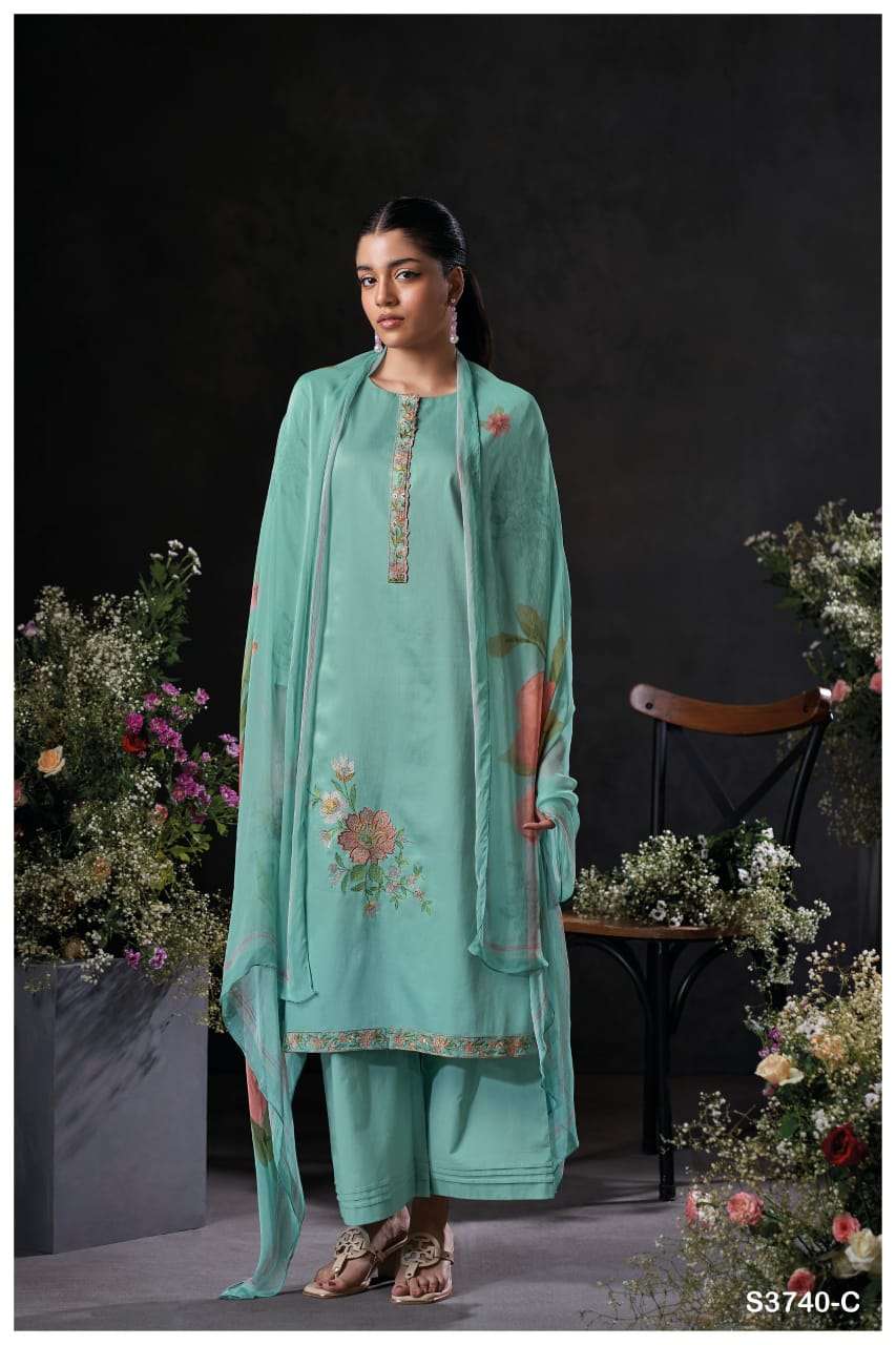 GANGA JALYN 3740 SATIN COTTON PRINTED WITH FANCY EMBROIDERY WORK SUIT