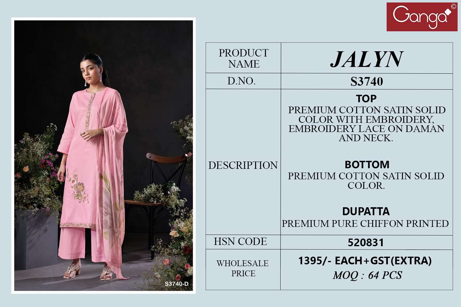 GANGA JALYN 3740 SATIN COTTON PRINTED WITH FANCY EMBROIDERY WORK SUIT
