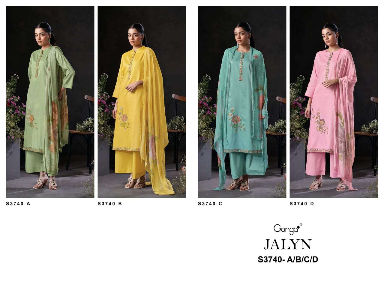 GANGA JALYN 3740 SATIN COTTON PRINTED WITH FANCY EMBROIDERY WORK SUIT