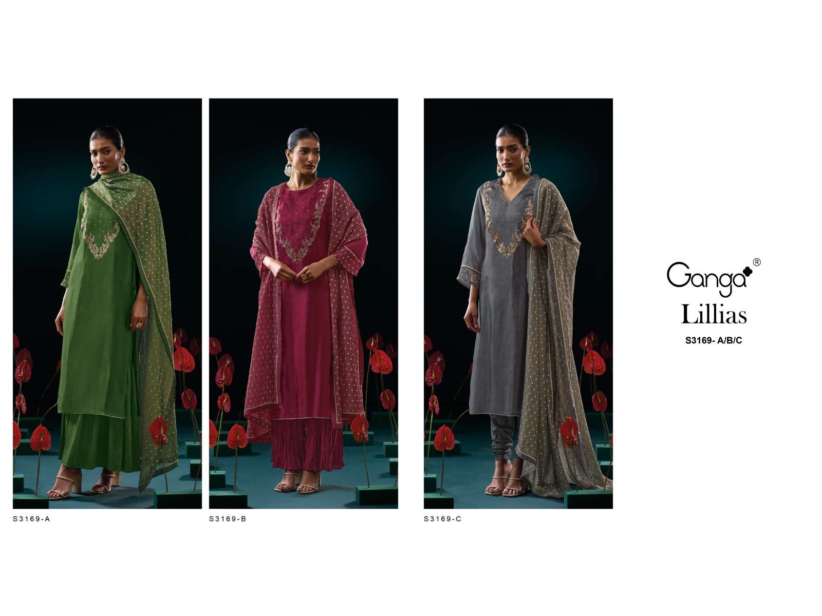 GANGA LILLIAS 3169 SILK FANCY EMBROIDERY DESIGNER WORK LADIES SUIT
