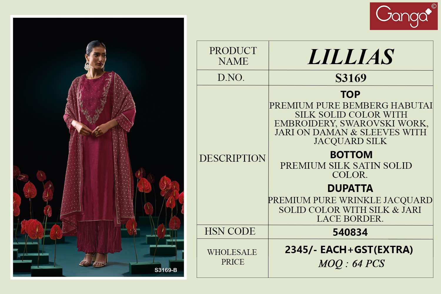 GANGA LILLIAS 3169 SILK FANCY EMBROIDERY DESIGNER WORK LADIES SUIT