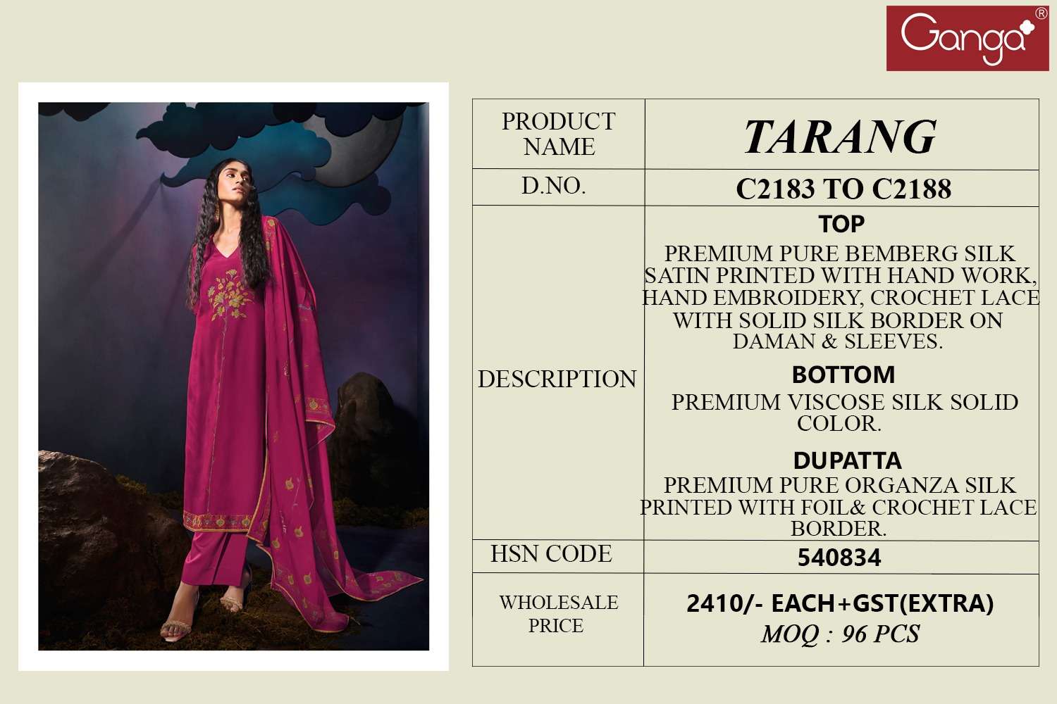 GANGA TARANG SATIN PRINTED WITH HAND WORK DESIGNER SUIT