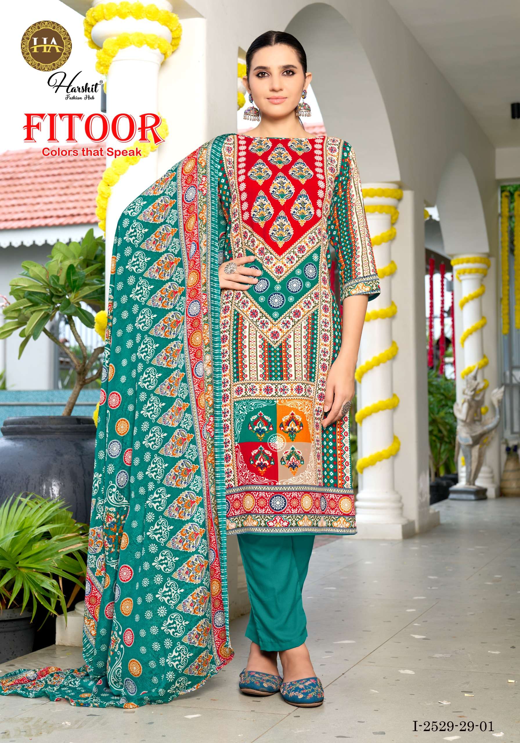 HARSHIT FASHION HUB FITOOR VISCOSE FANCY PRINT WITH WORK SUIT