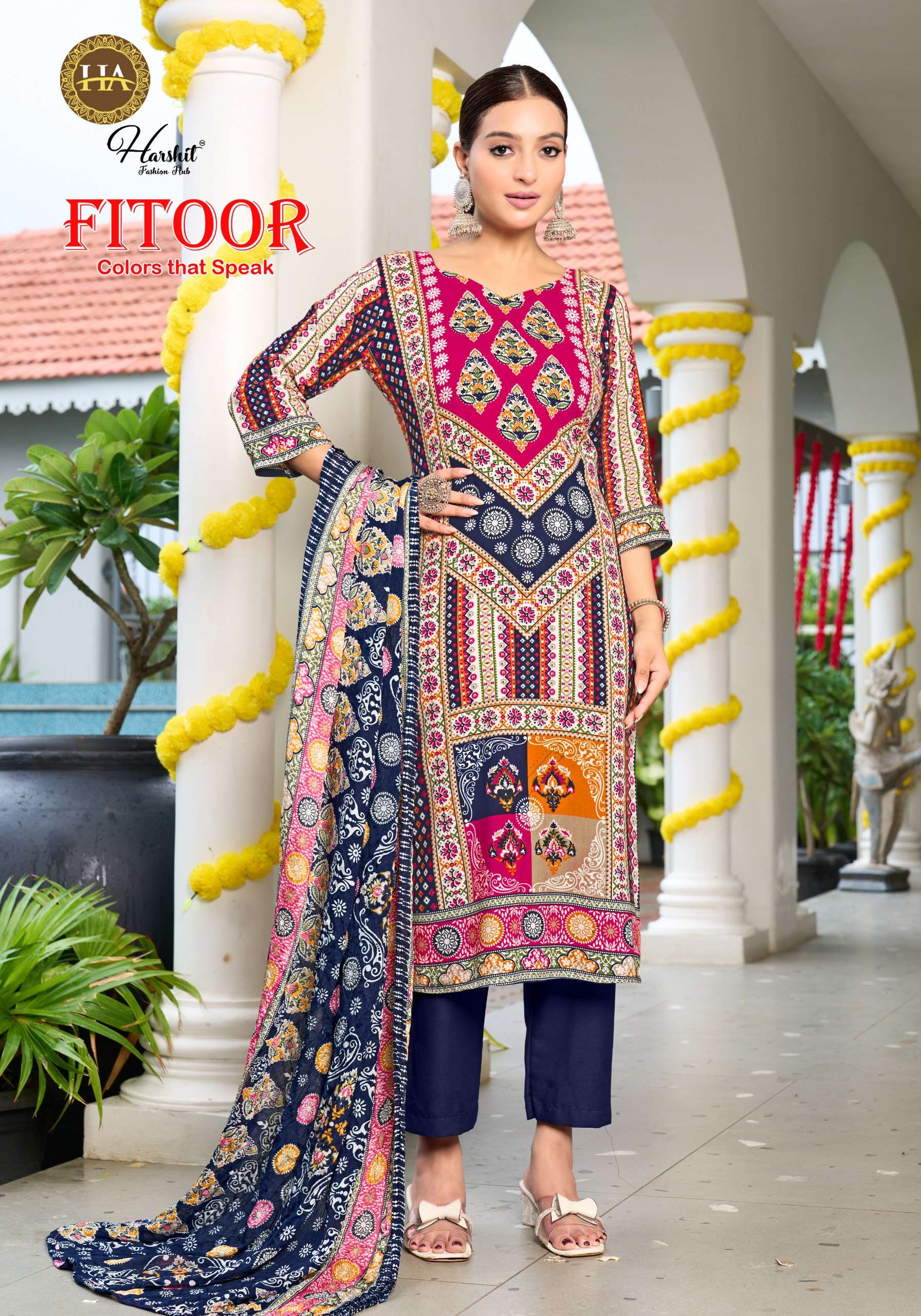 HARSHIT FASHION HUB FITOOR VISCOSE FANCY PRINT WITH WORK SUIT