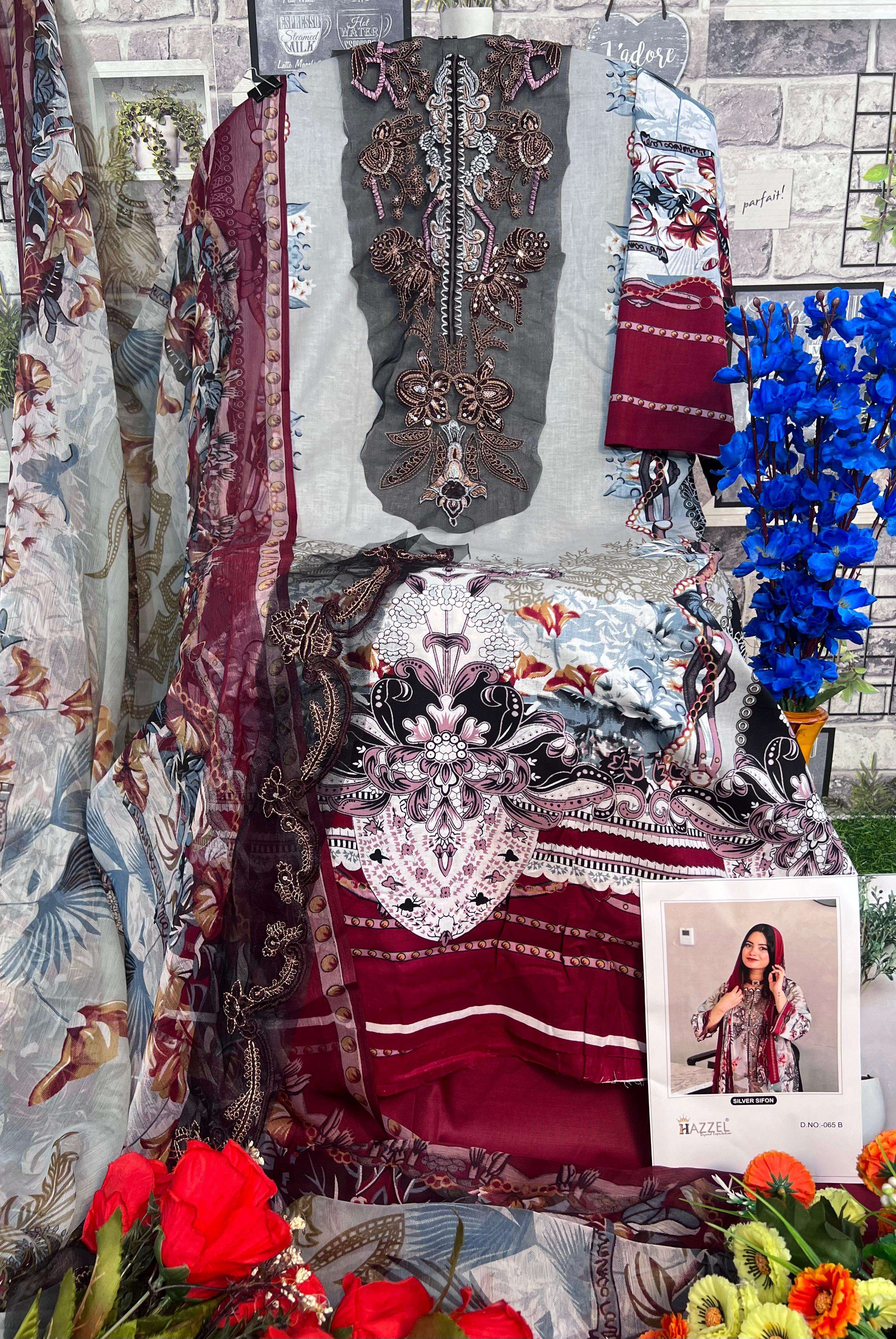 HAZEEL DESIGN NO - 0324 - 0355 PURE COTTON PRINTED EMBROIDERED PATCH PAKISTANI SALWAR SUIT