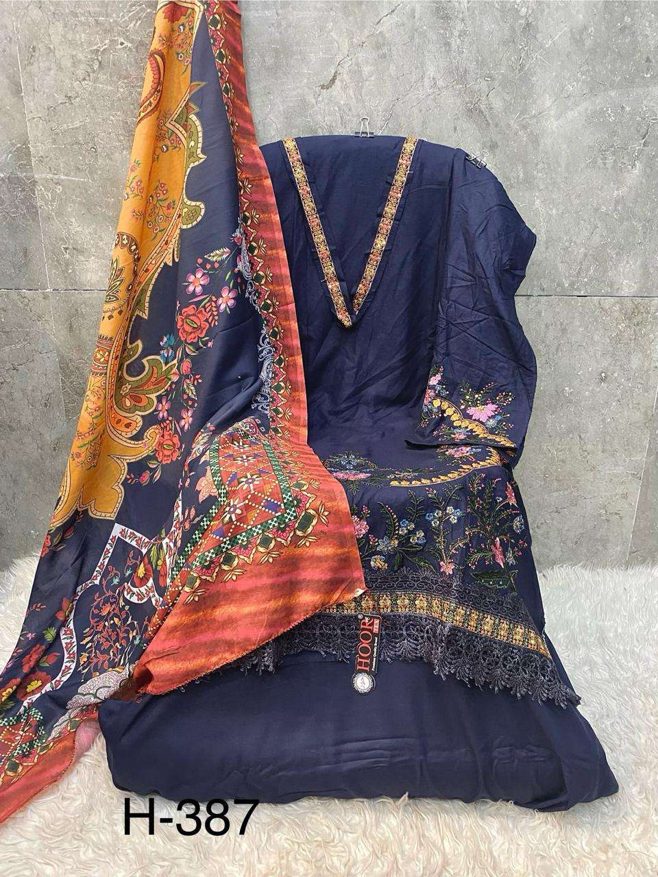 HOOR TEX  HF 387 RAYON EMBROIDERY DESIGNER WORK FANCY PAKISTANI SUIT
