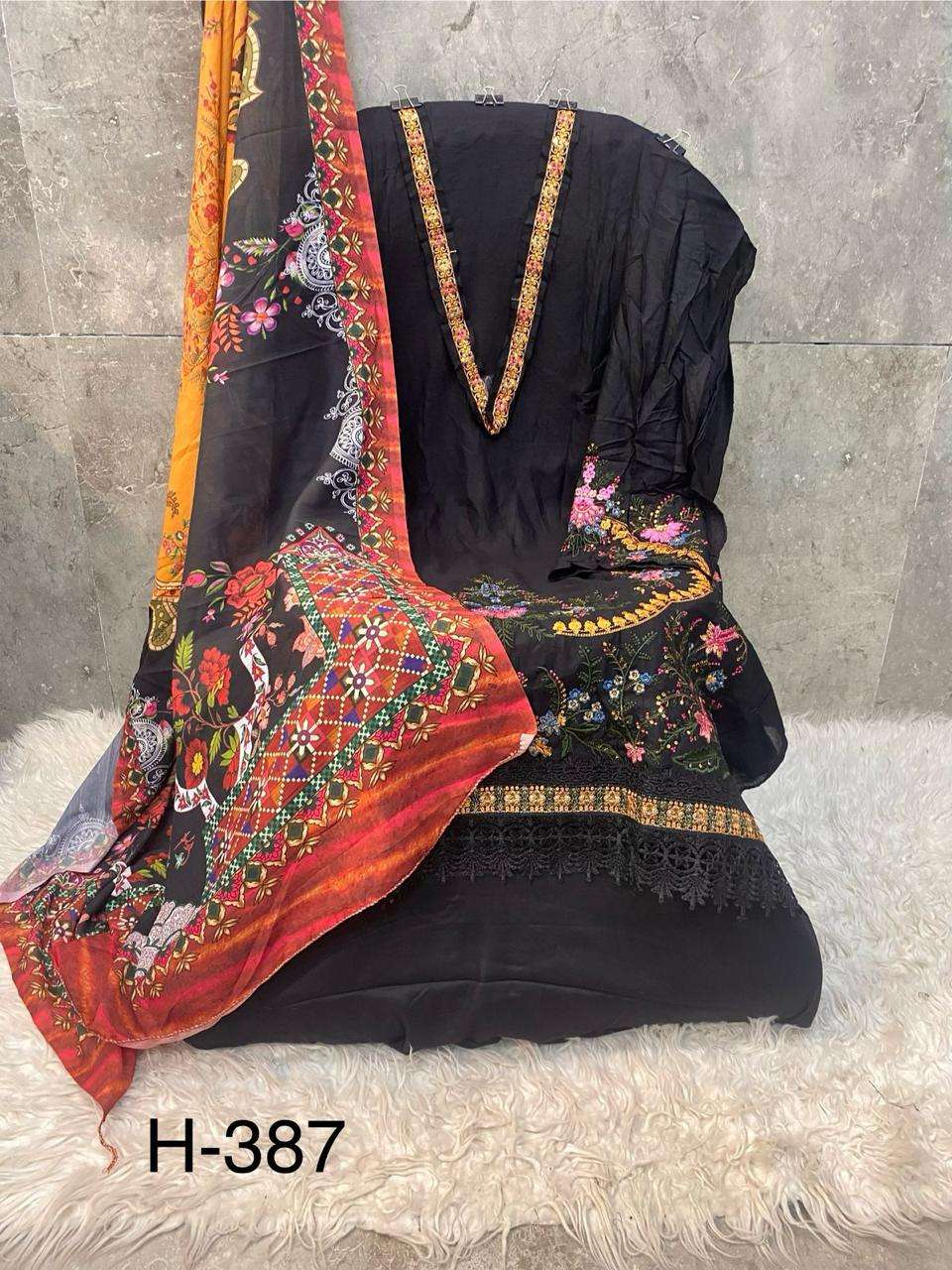 HOOR TEX  HF 387 RAYON EMBROIDERY DESIGNER WORK FANCY PAKISTANI SUIT