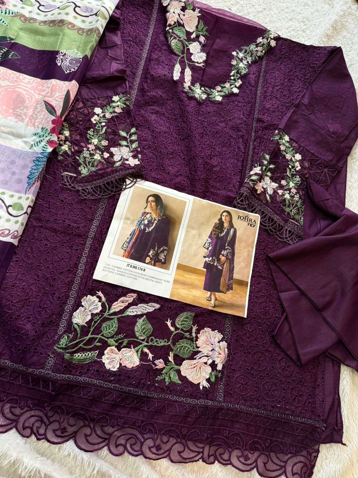 JOHRA TEX DESIGN NO - JT - 176 B CAMBRIC COTTON HEAVY EMBROIDERED WORK PAKISTANI SALWAR SUIT 
