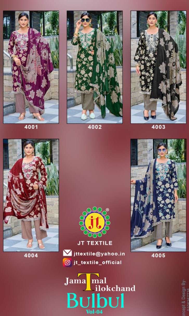 JT BULBUL VOL 4 RAYON PREMIUM WORKS LADIES SALWAR SUIT