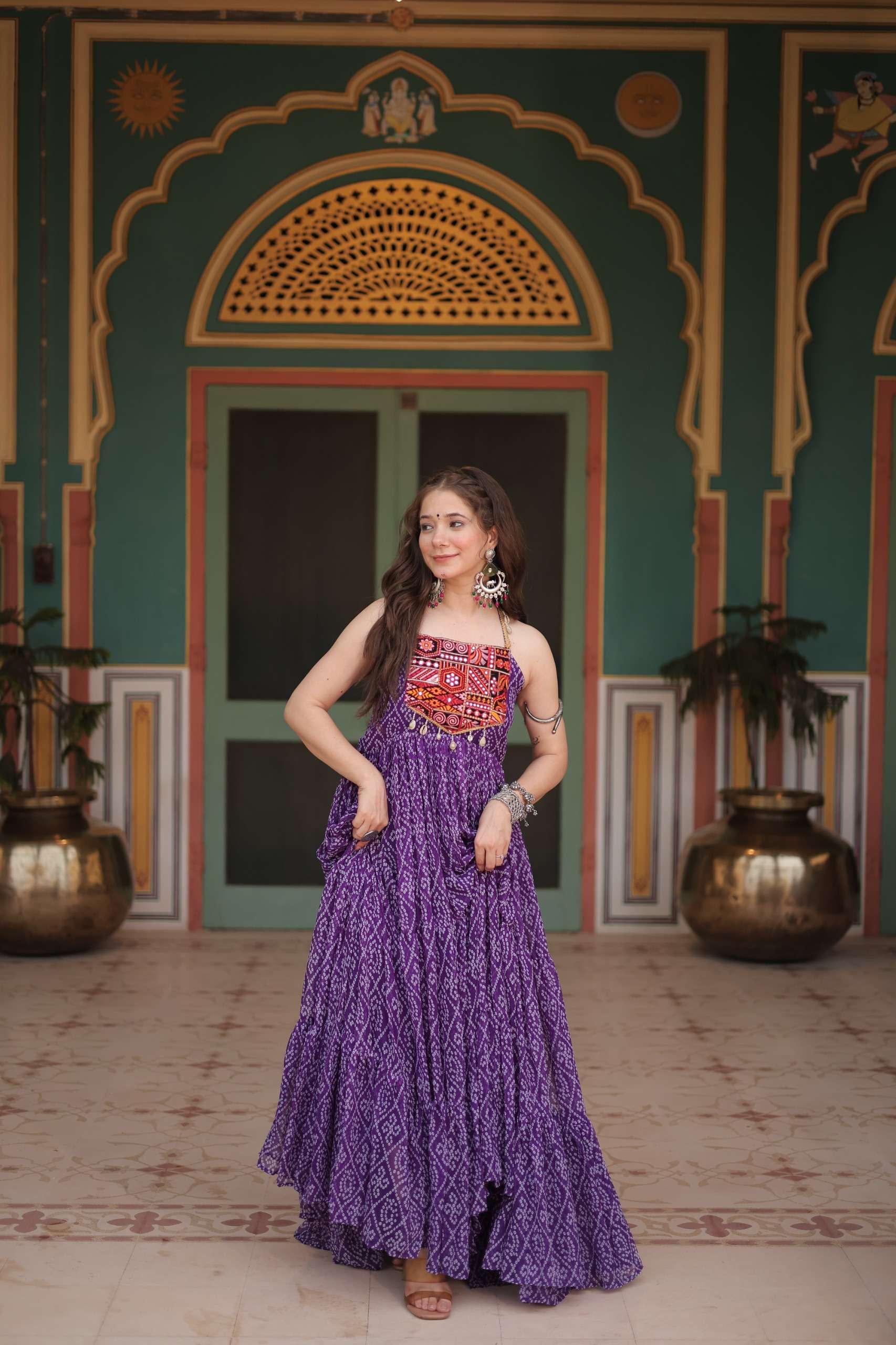 KA 1119 BANDHANI PRINT WITH MIRROR WORK NAVRATRI WEAR LADIES GOWNS 