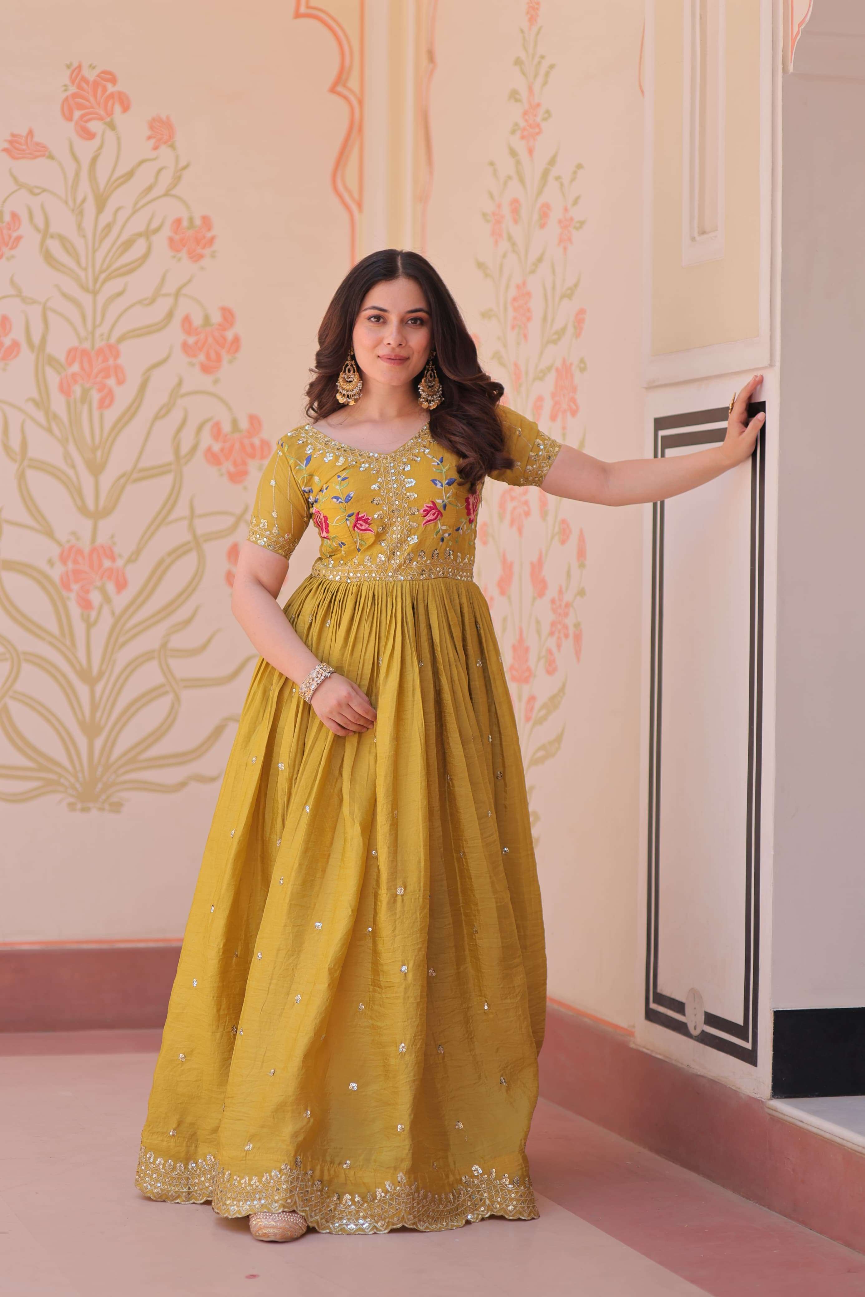 KA 1171 FANCY THREAD EMBROIDERY DESIGNER WORK READY MADE GOWN 