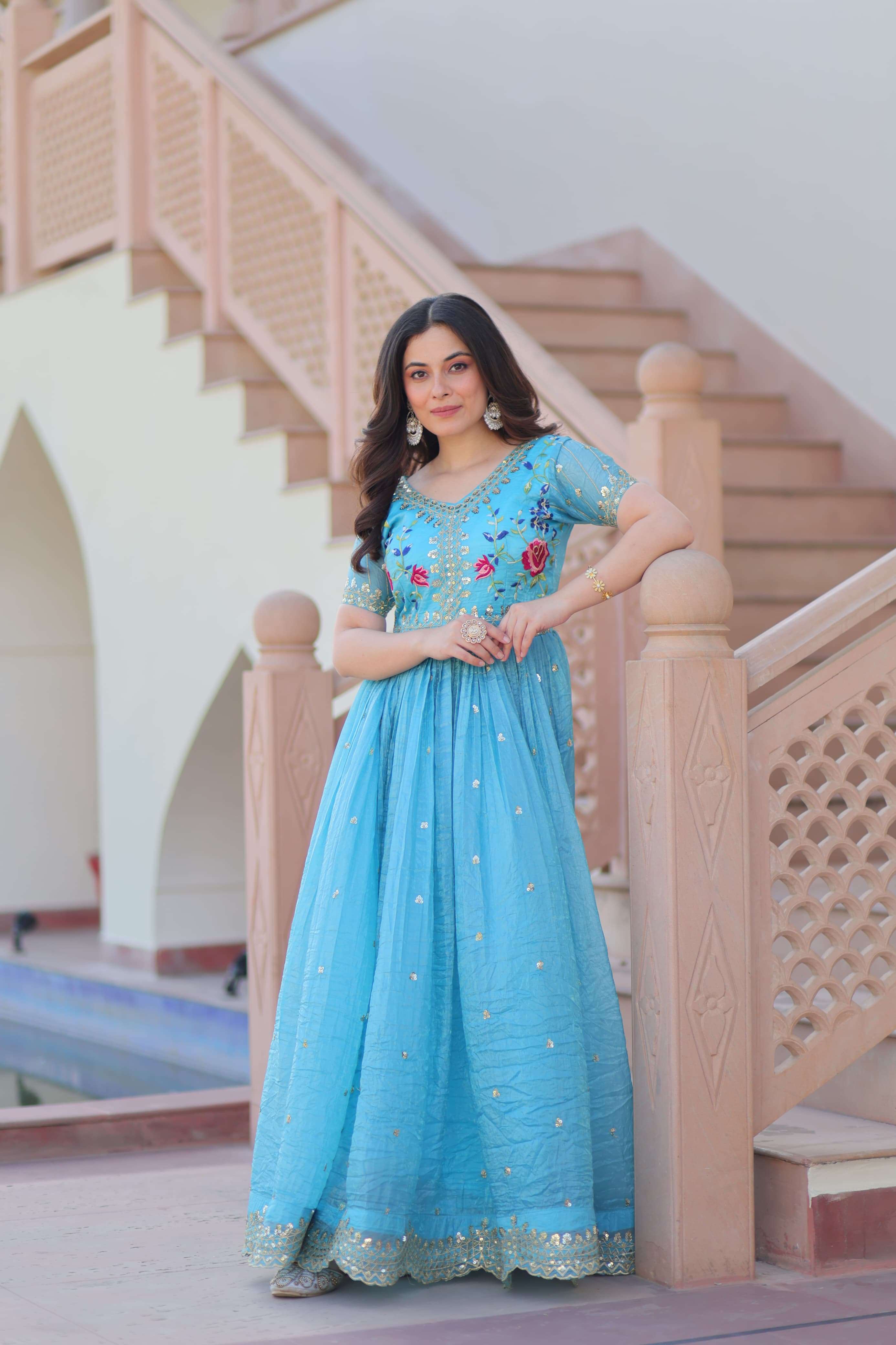 KA 1171 FANCY THREAD EMBROIDERY DESIGNER WORK READY MADE GOWN 