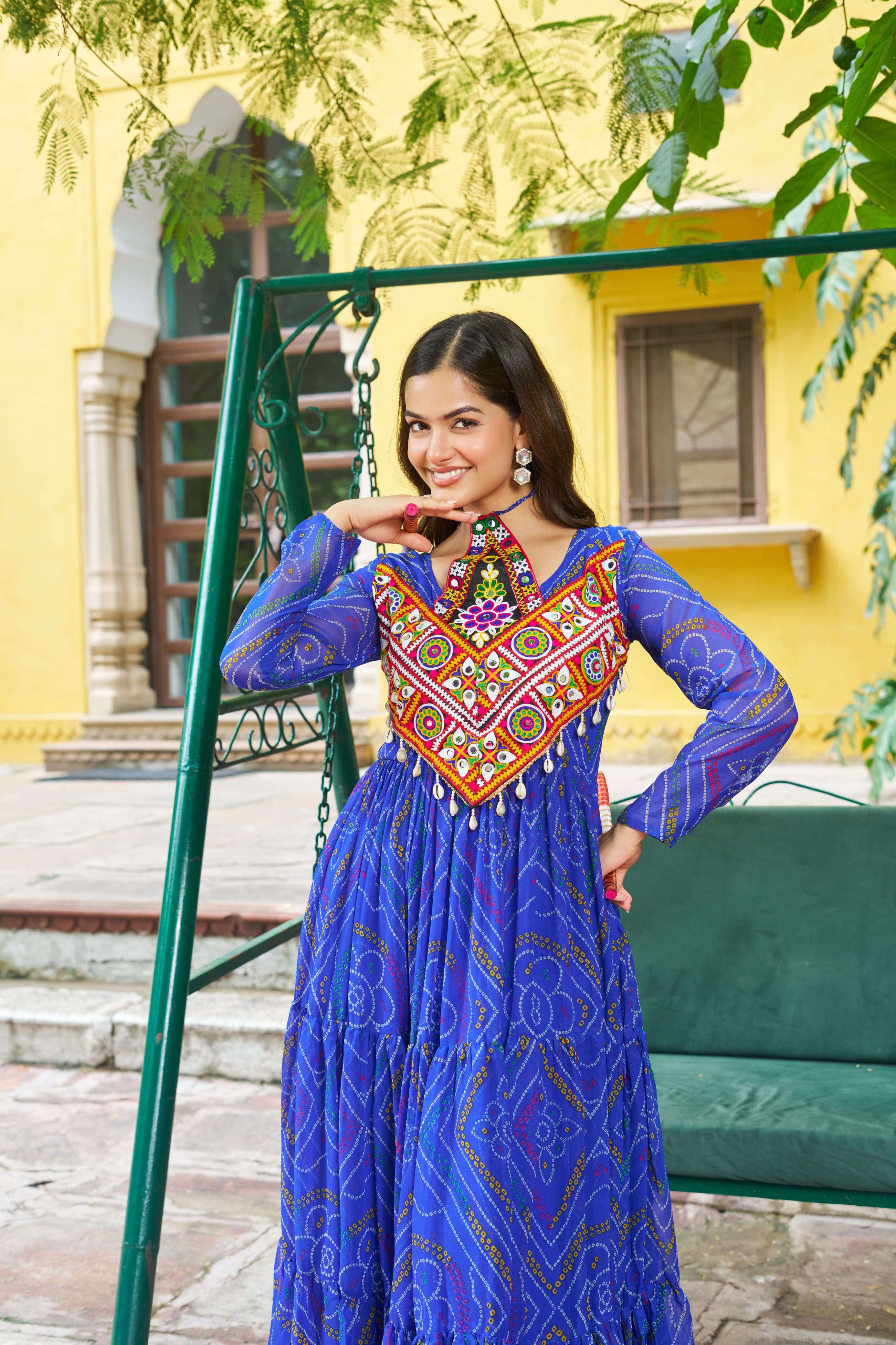 KA 1194 GEORGETTE BANDHANI PRINT WITH MIRROR WORK NAVRATRI WEAR LADIES GOWNS 