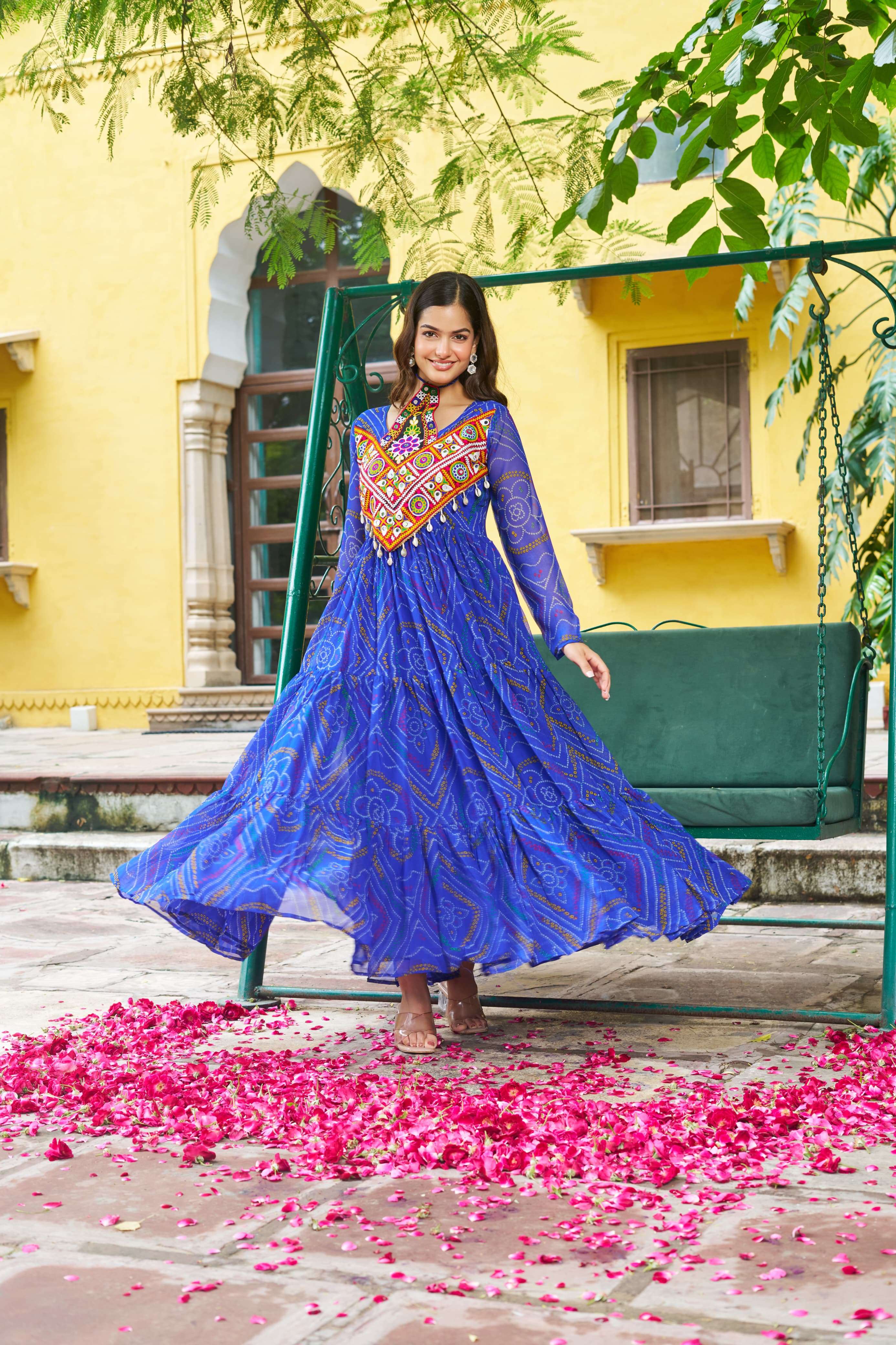 KA 1194 GEORGETTE BANDHANI PRINT WITH MIRROR WORK NAVRATRI WEAR LADIES GOWNS 