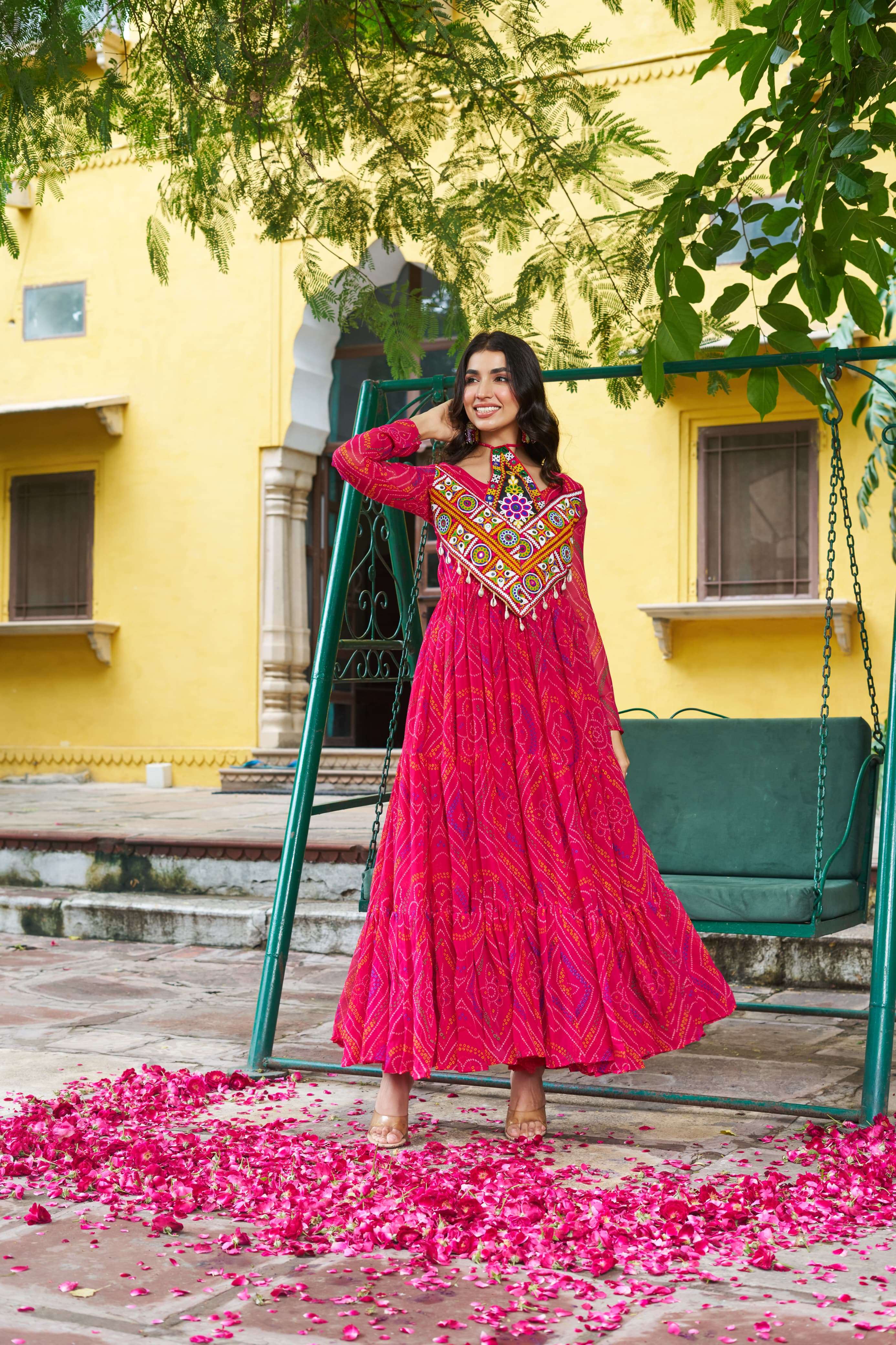 KA 1194 GEORGETTE BANDHANI PRINT WITH MIRROR WORK NAVRATRI WEAR LADIES GOWNS 