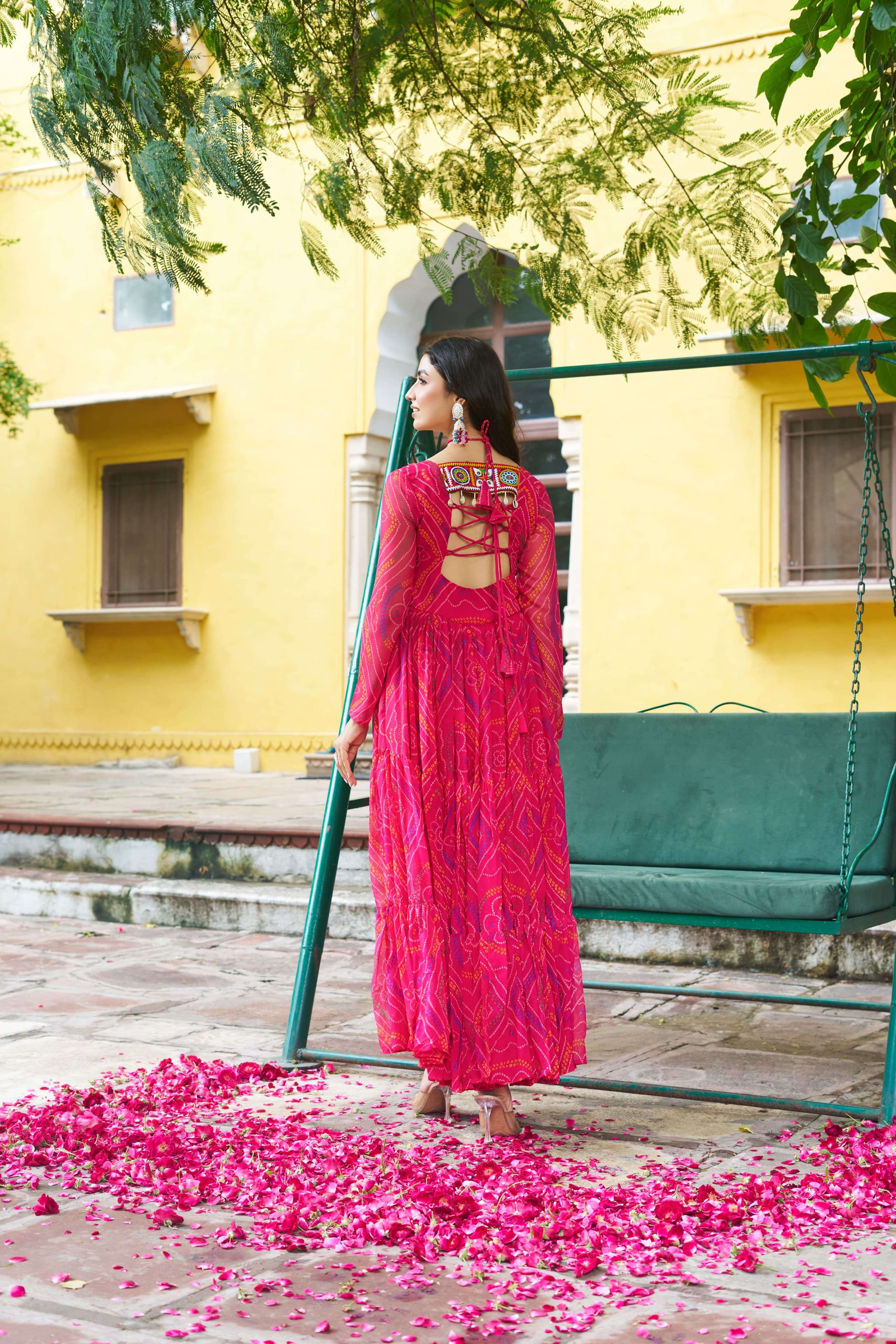KA 1194 GEORGETTE BANDHANI PRINT WITH MIRROR WORK NAVRATRI WEAR LADIES GOWNS 