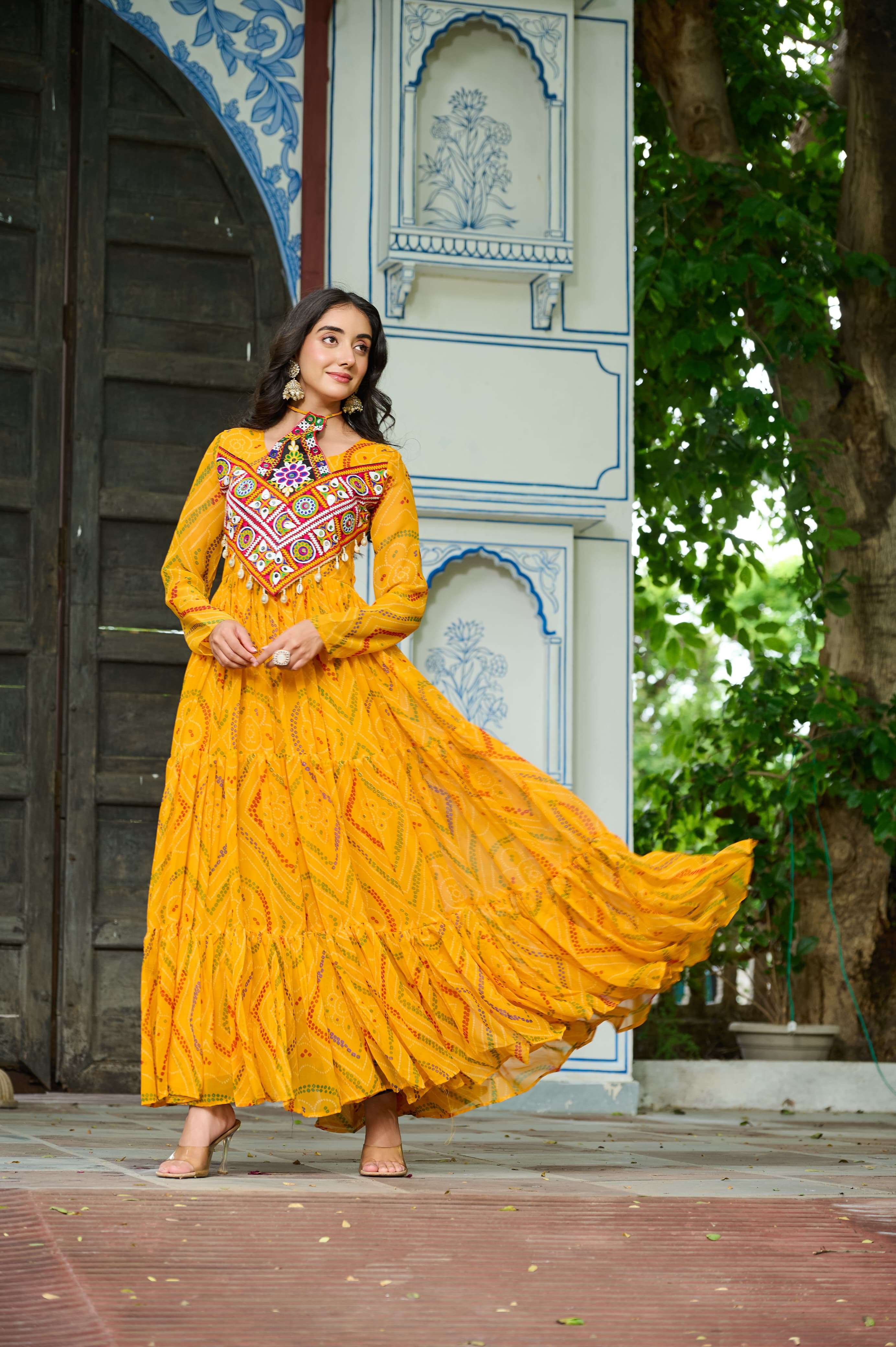 KA 1194 GEORGETTE BANDHANI PRINT WITH MIRROR WORK NAVRATRI WEAR LADIES GOWNS 
