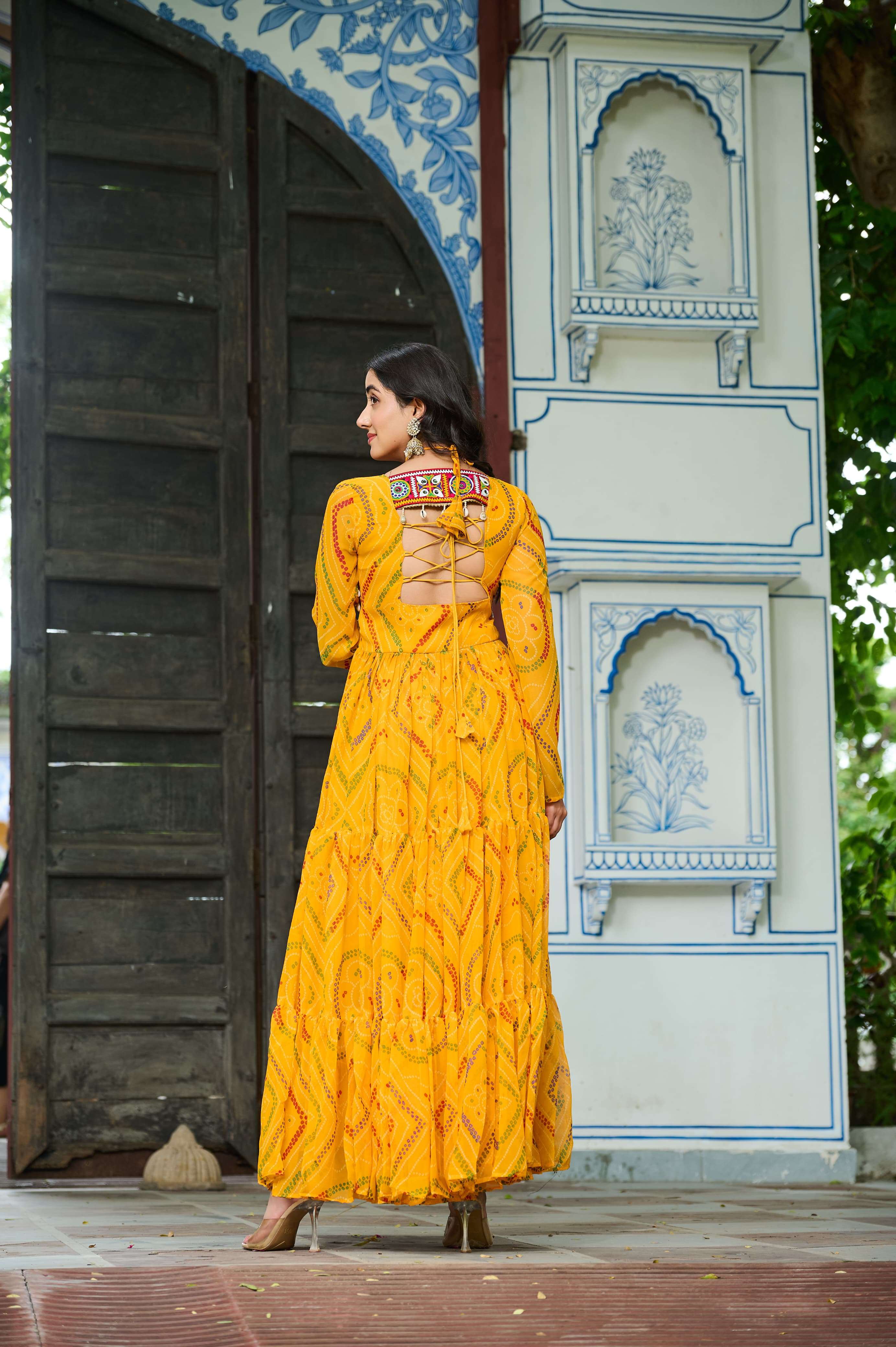KA 1194 GEORGETTE BANDHANI PRINT WITH MIRROR WORK NAVRATRI WEAR LADIES GOWNS 
