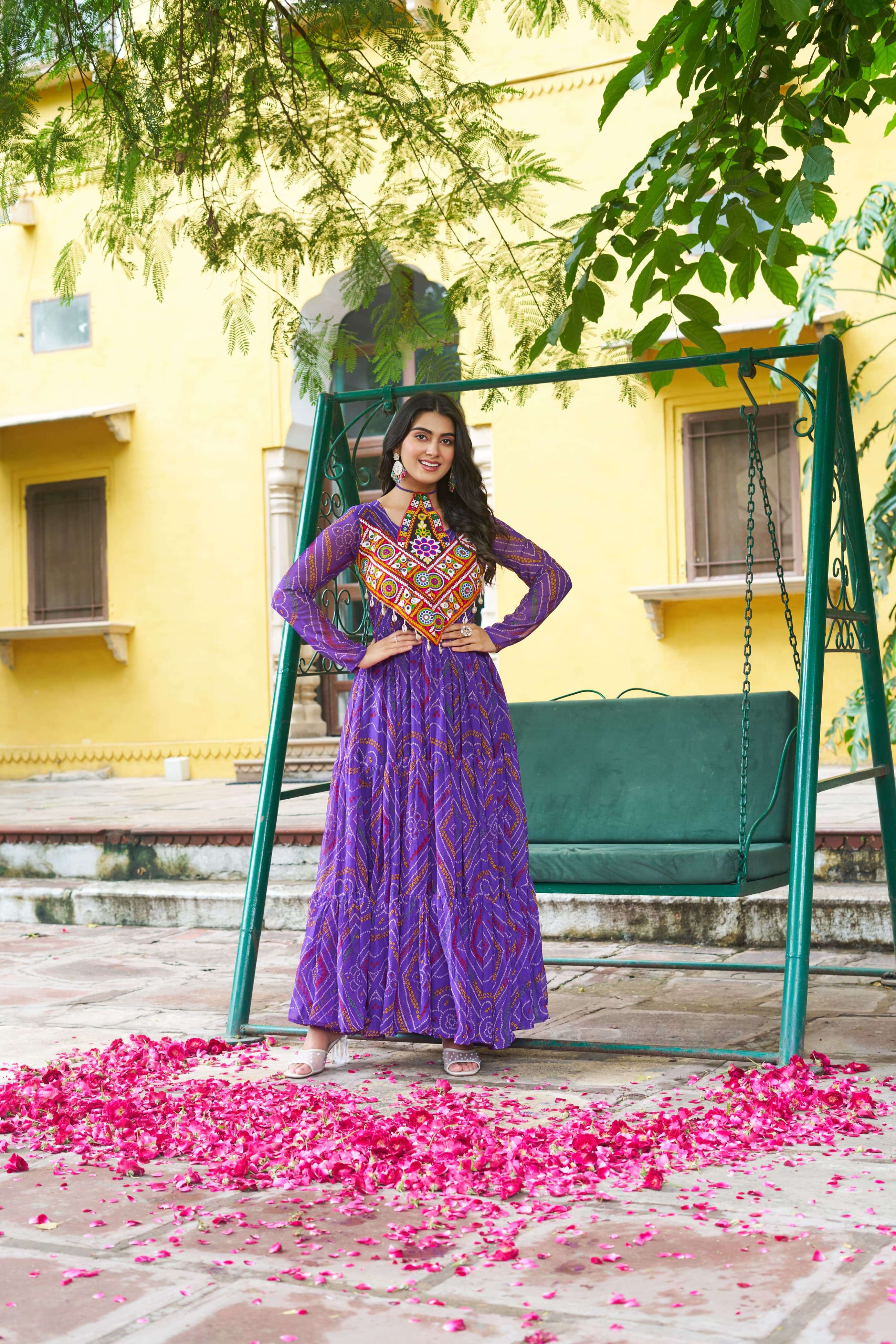 KA 1194 GEORGETTE BANDHANI PRINT WITH MIRROR WORK NAVRATRI WEAR LADIES GOWNS 