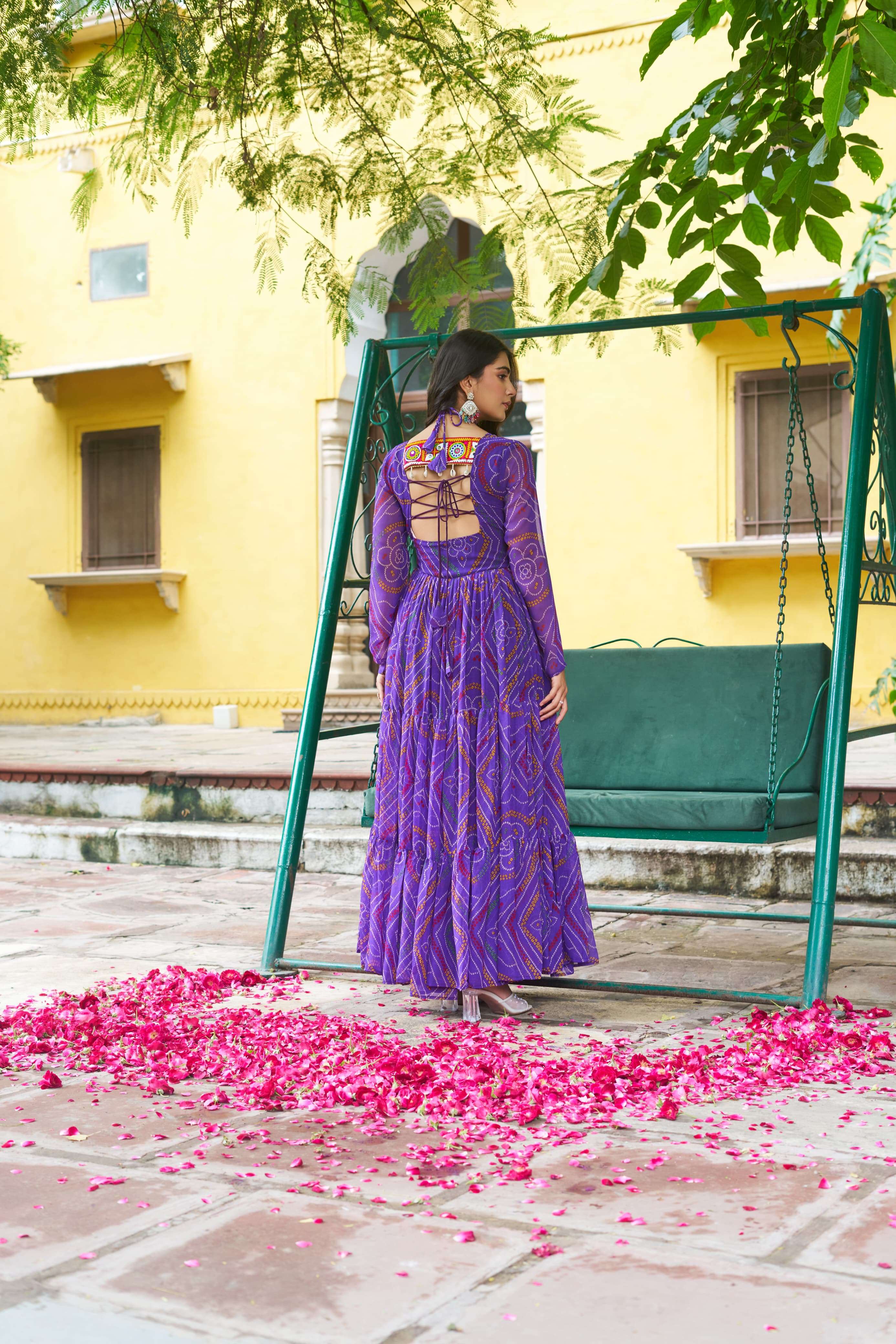 KA 1194 GEORGETTE BANDHANI PRINT WITH MIRROR WORK NAVRATRI WEAR LADIES GOWNS 