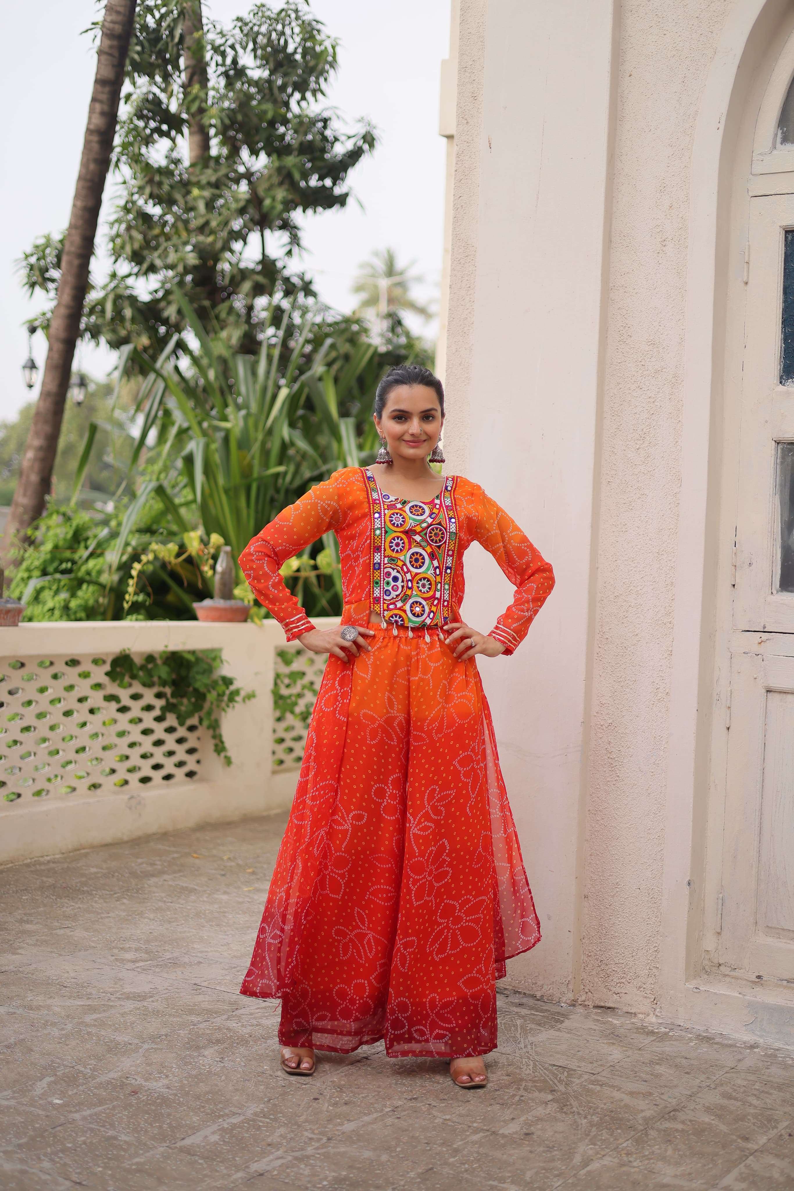 KA 1198 FANCY BANDHANI PRINT WITH DESIGNER WORK NAVRATRI WEAR LADIES TOP WITH BOTTOM PAIR 