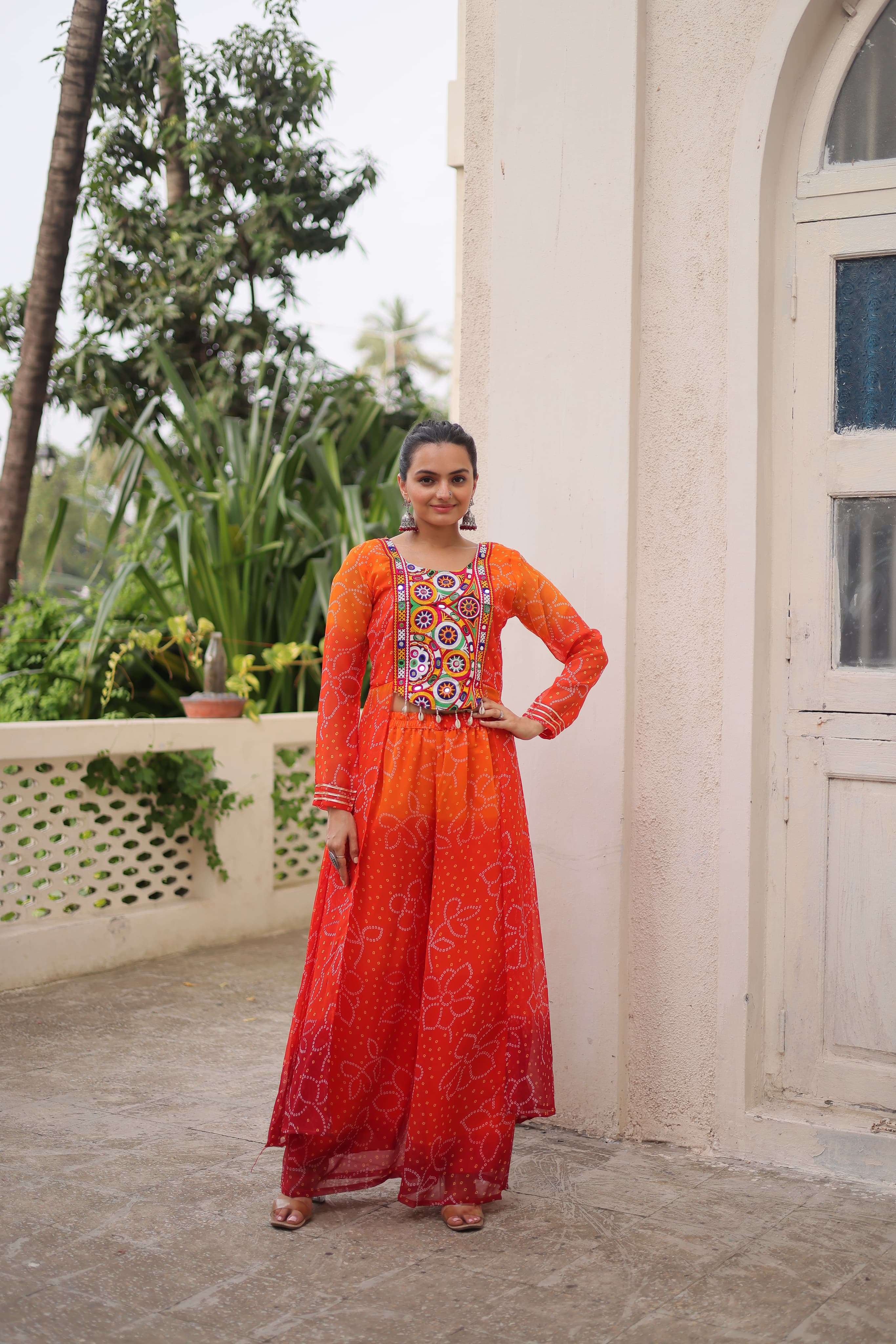 KA 1198 FANCY BANDHANI PRINT WITH DESIGNER WORK NAVRATRI WEAR LADIES TOP WITH BOTTOM PAIR 